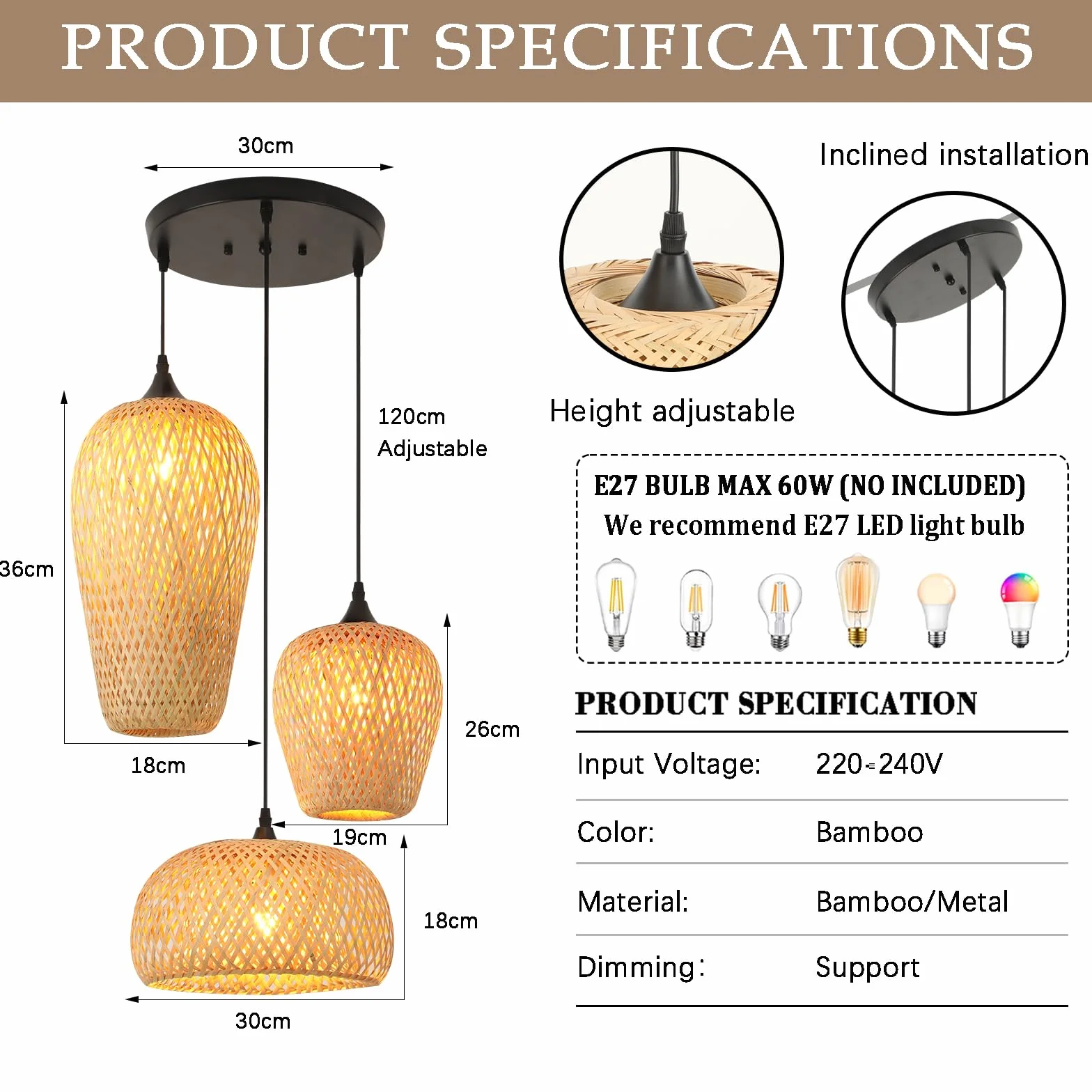 Lampara De Techo Bambu 3-Luz E27 Tejido A Mano Boho Vintage Para Salon Cocina Dormitorio