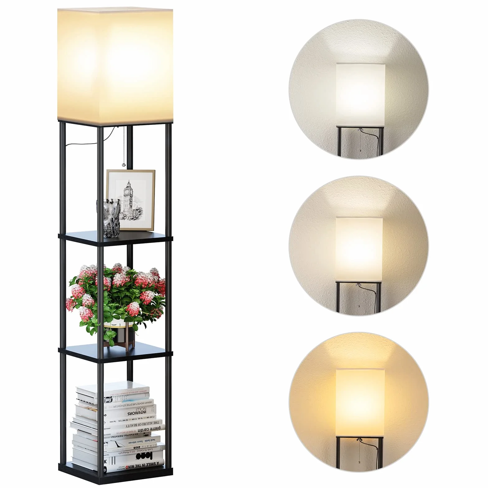 SUNMORY Lampara de Pie con Estantes, 3 Colores LED, Negro, Decoracion Hogar Vintage