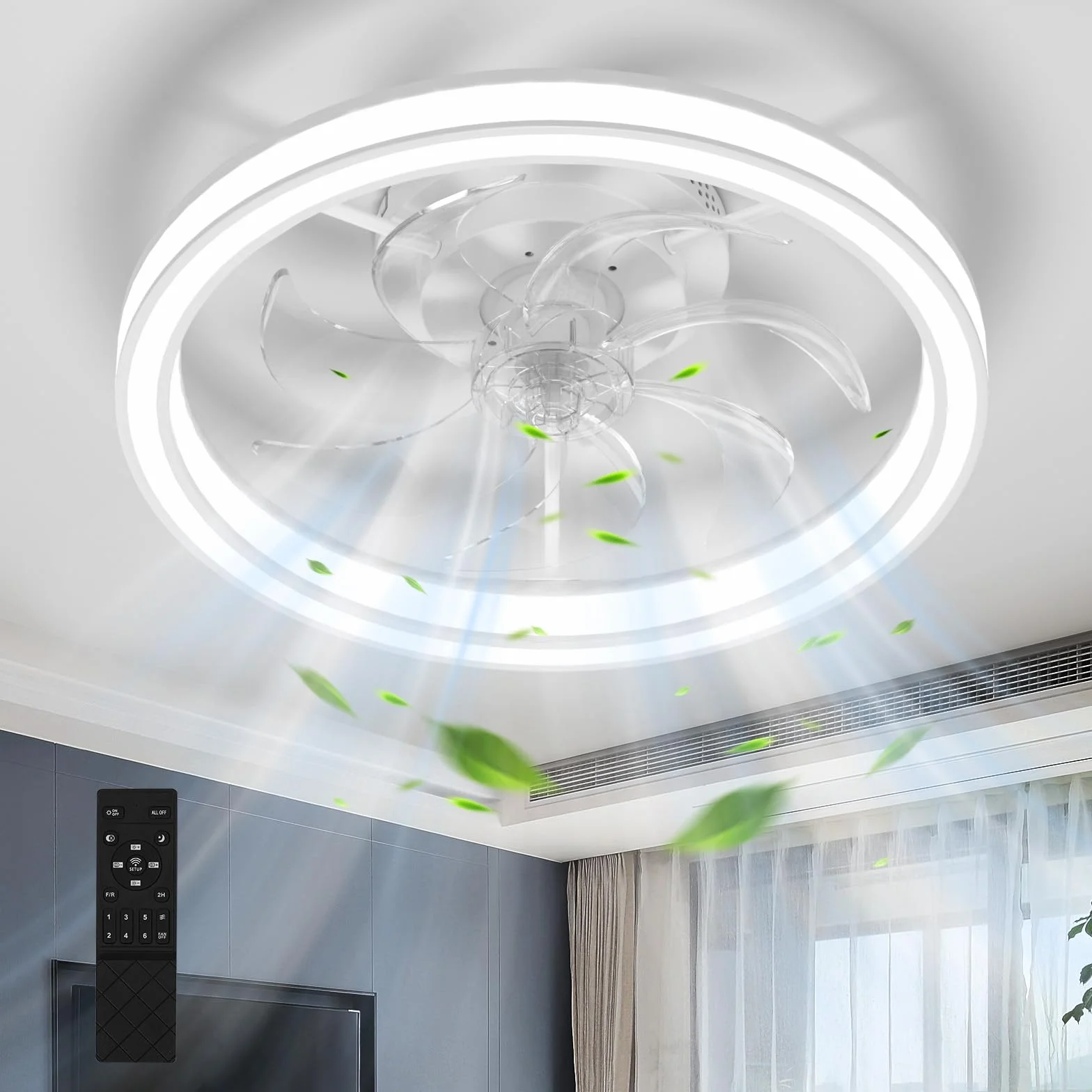 Ventilador de Techo con Luz LED 48CM, Lámpara Ventilador Techo con Control Remoto, Motor Silencioso con 6 Velocidades Reversibles, Temporizador, Luz Ventilador Techo Dormitorio, Blanco