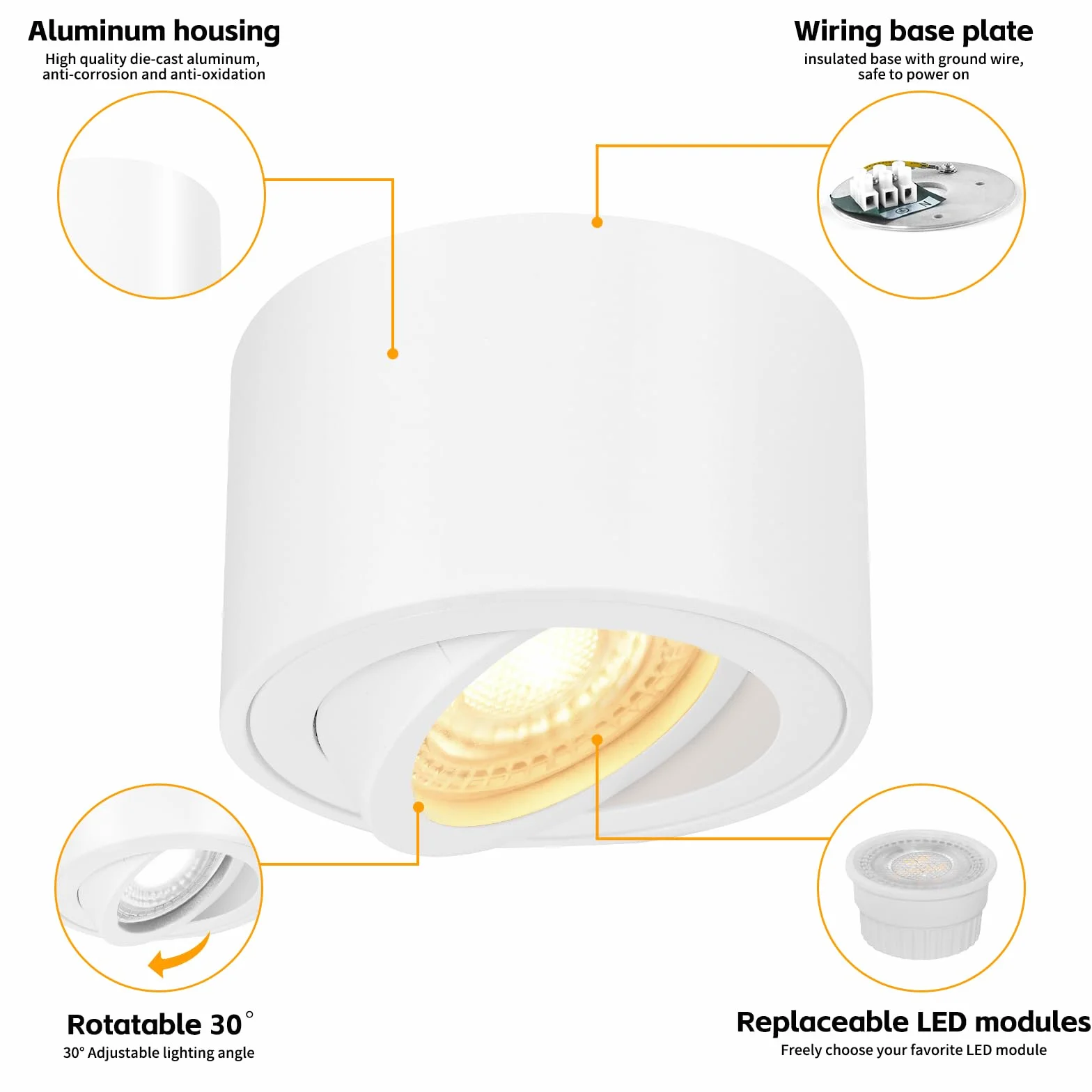 GeyouLux Focos LED Techo Superficie 230V 5W 500LM 3000K Ø80x50mm Ultradelgado Ajustable 38° Aluminio Blanco