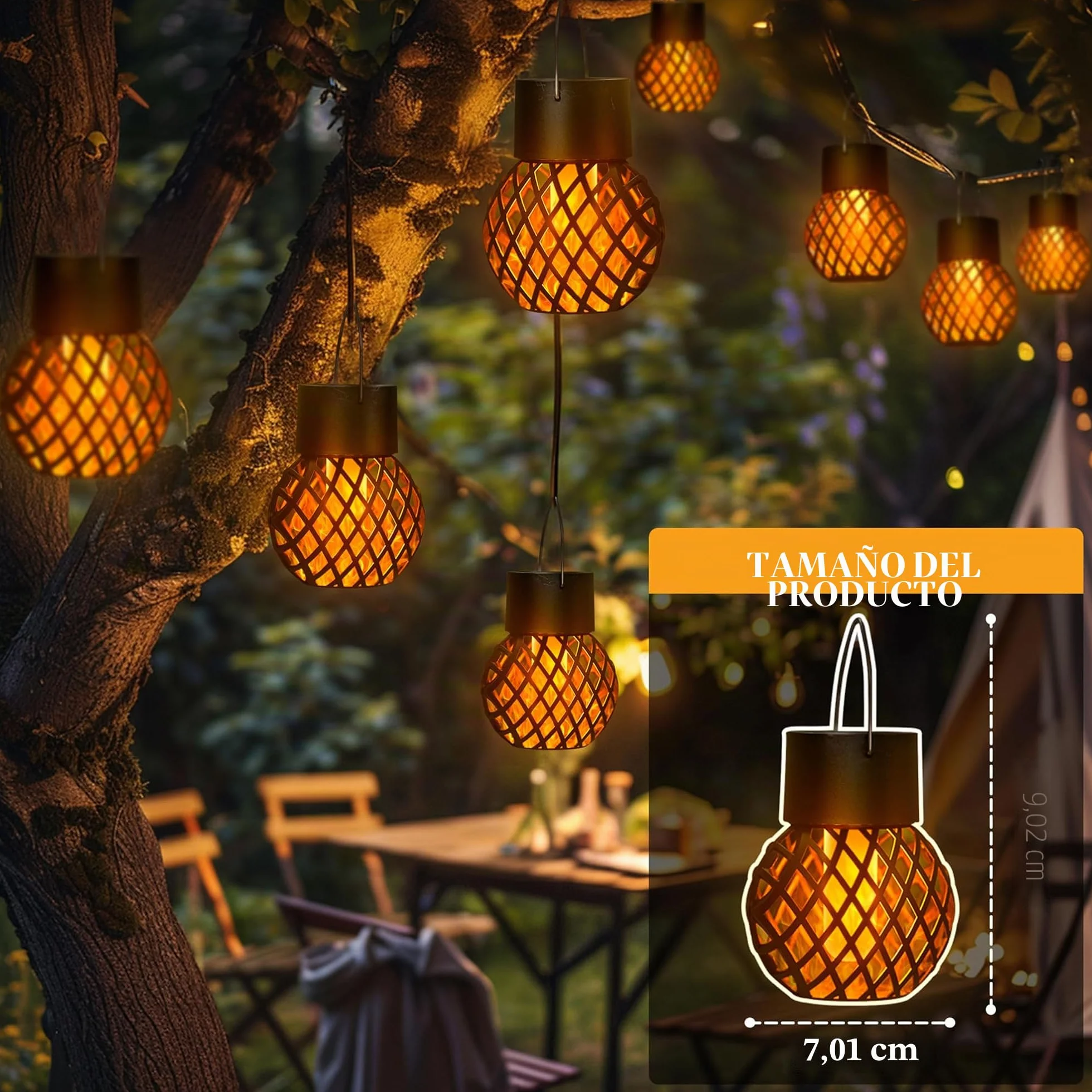 GIGALUMI Paquete de 8 luces solares colgantes de llama parpadeante, luces solares impermeables para jardín, patio, valla, árbol