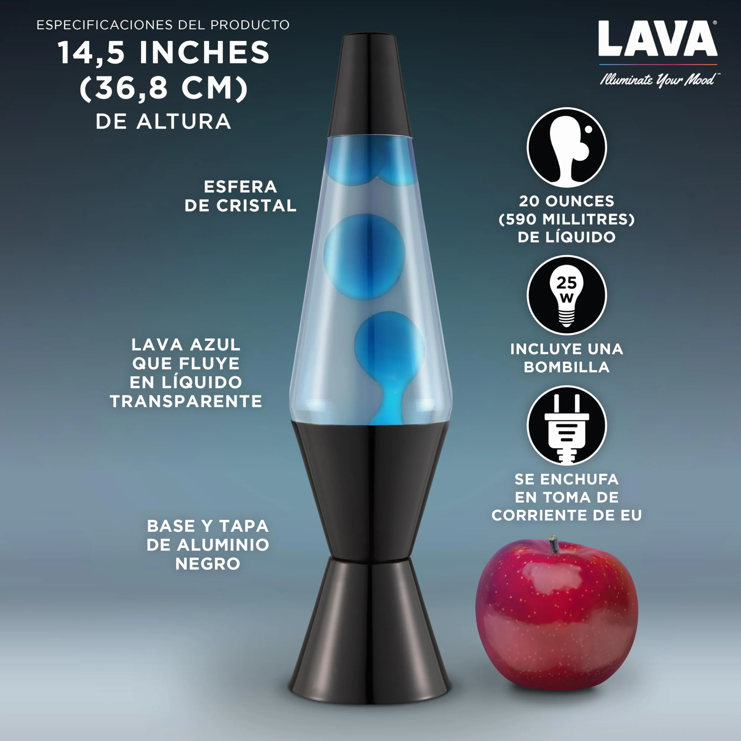 LAVA® - Lámpara Lava 2313, cera azul, líquido transparente, base y tapa negro, original de 14,5 pulgadas. Lámpara de movimiento marca LAVA®