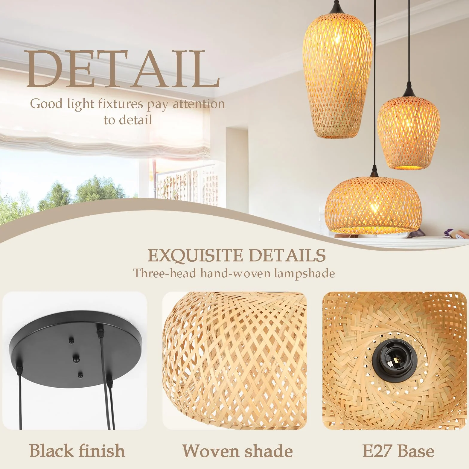 Lampara De Techo Bambu 3-Luz E27 Tejido A Mano Boho Vintage Para Salon Cocina Dormitorio