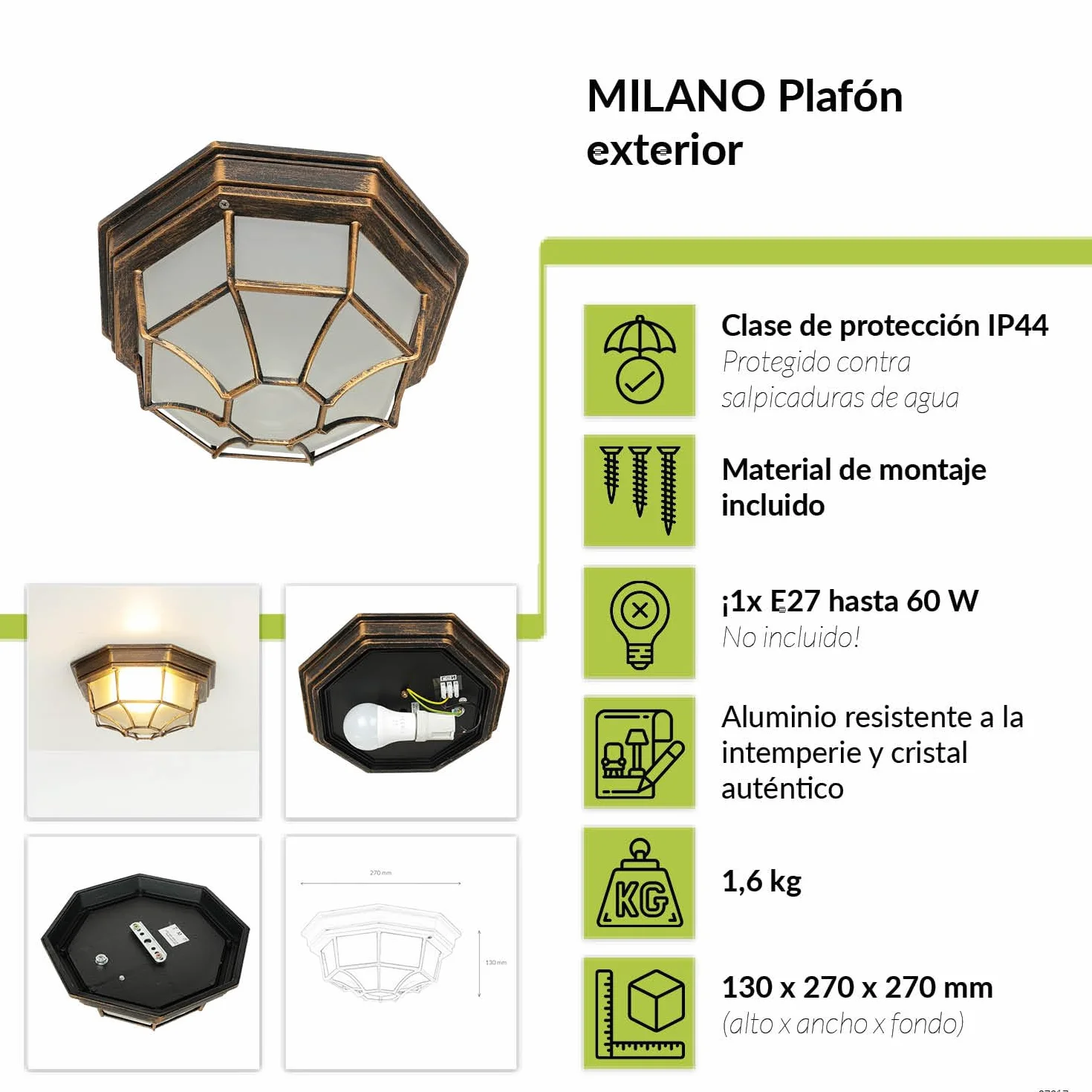 Easylight Lámpara de techo estilo rústico MILANO de aluminio cristal cobre antiguo forma angular A:35,5 cm E27 IP44 Plafón de exterior para terraza jardín