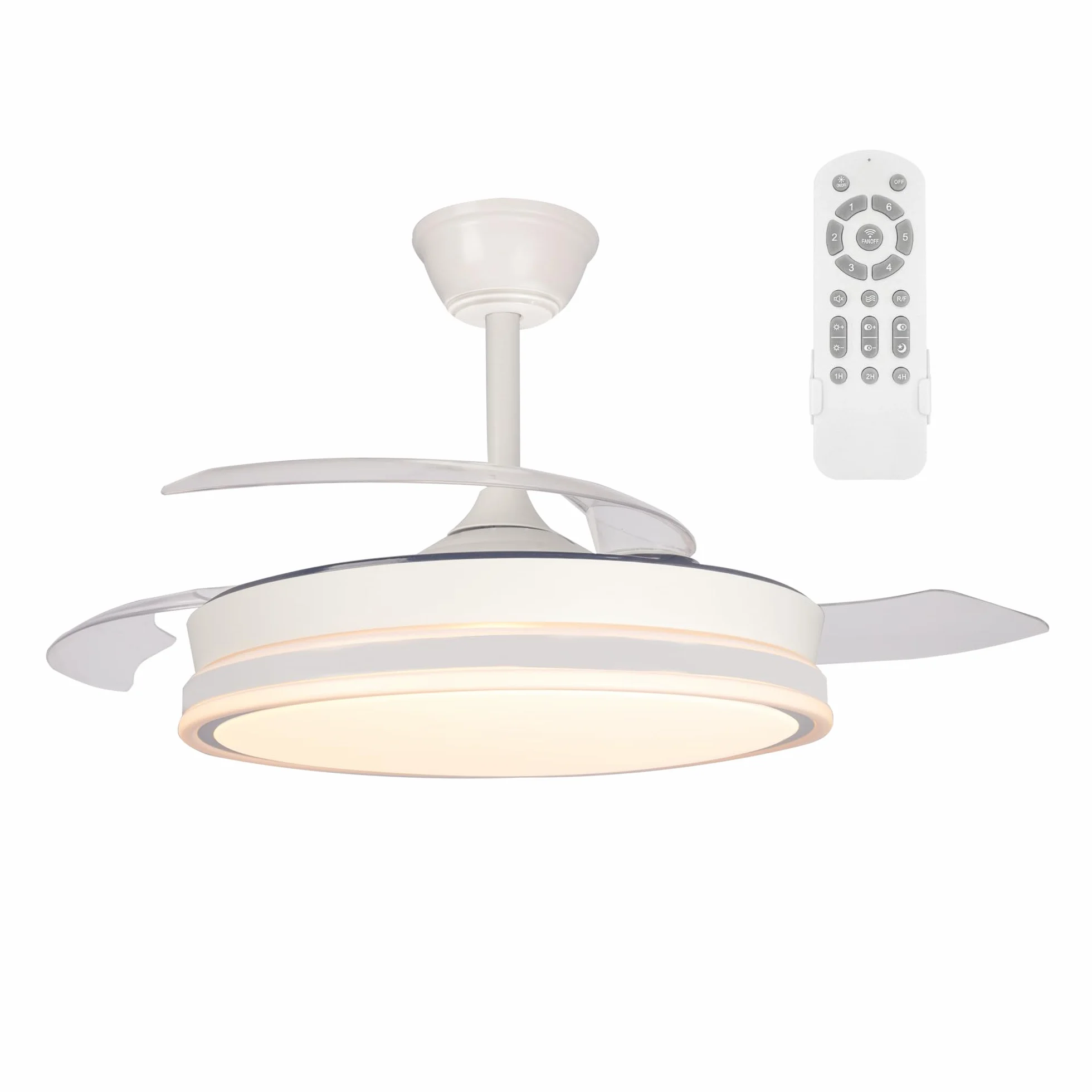 Ventilador de techo retráctil con aspas plegables Surpino Blanco, luz LED 45W, mando a distancia CCT regulable