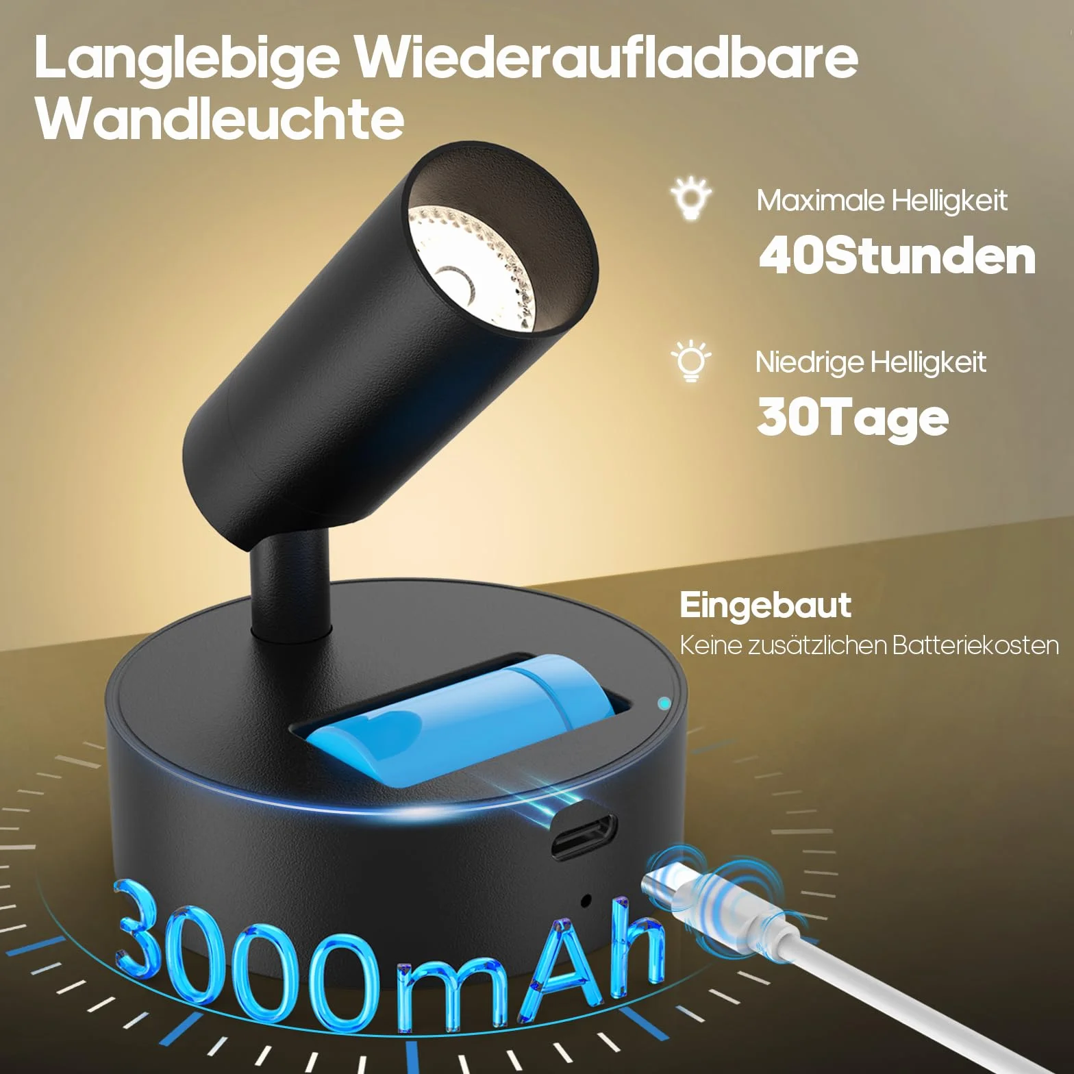 Foco de pared inalámbrico recargable 3000 mAh 3 colores regulable mando a distancia negro