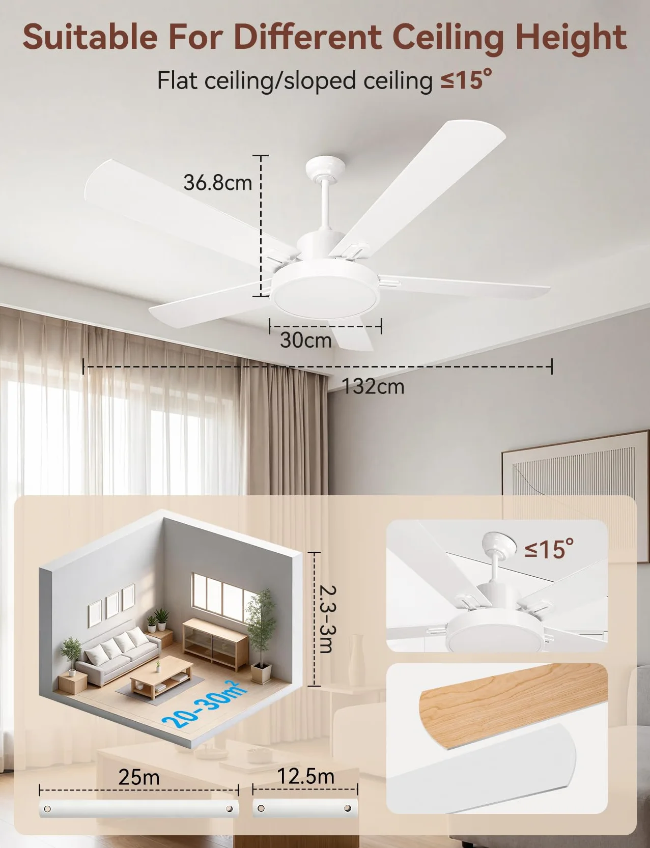 Aigostar Ventilador de Techo con Luz Silencioso 52″, Motor DC Reversible 29W, 31.5W LED, Mando a Distancia, 6 Velocidades, 3000K/4000K/6500K Regulable, Ideal para Dormitorio, Sala o Cocina