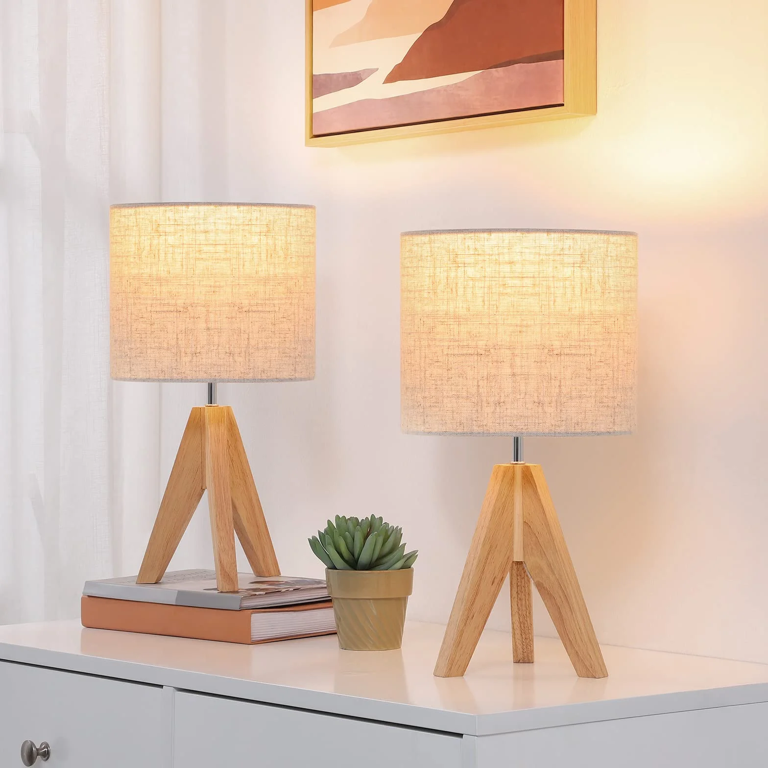 EDISHINE Lámparas de Noche de Madera 2 Unidades, Lámpara de Mesa Trípode E27, Pantalla de Lino Beige Vintage