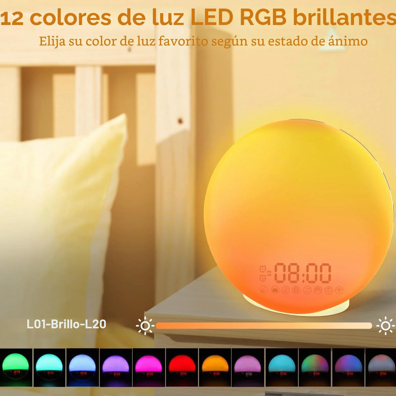 Cadrim Wake Up Light Despertador Luz Amanecer Simulación 7 Colores Snooze 8 Sonidos Naturales Radio FM 20 Niveles Brillo