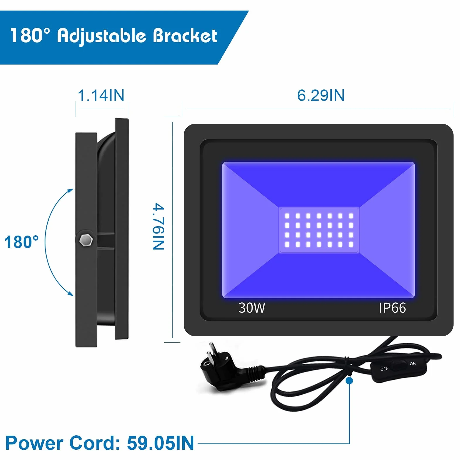 Eleganted Foco UV 30W, UV Luz Negra 365nm Inundación, Foco UV Ultravioleta Luz Fluorescente Lámpara de Escenario para Bar Club DJ Discoteca Fiesta KTV Pinta Corporal Gimnasio Halloween