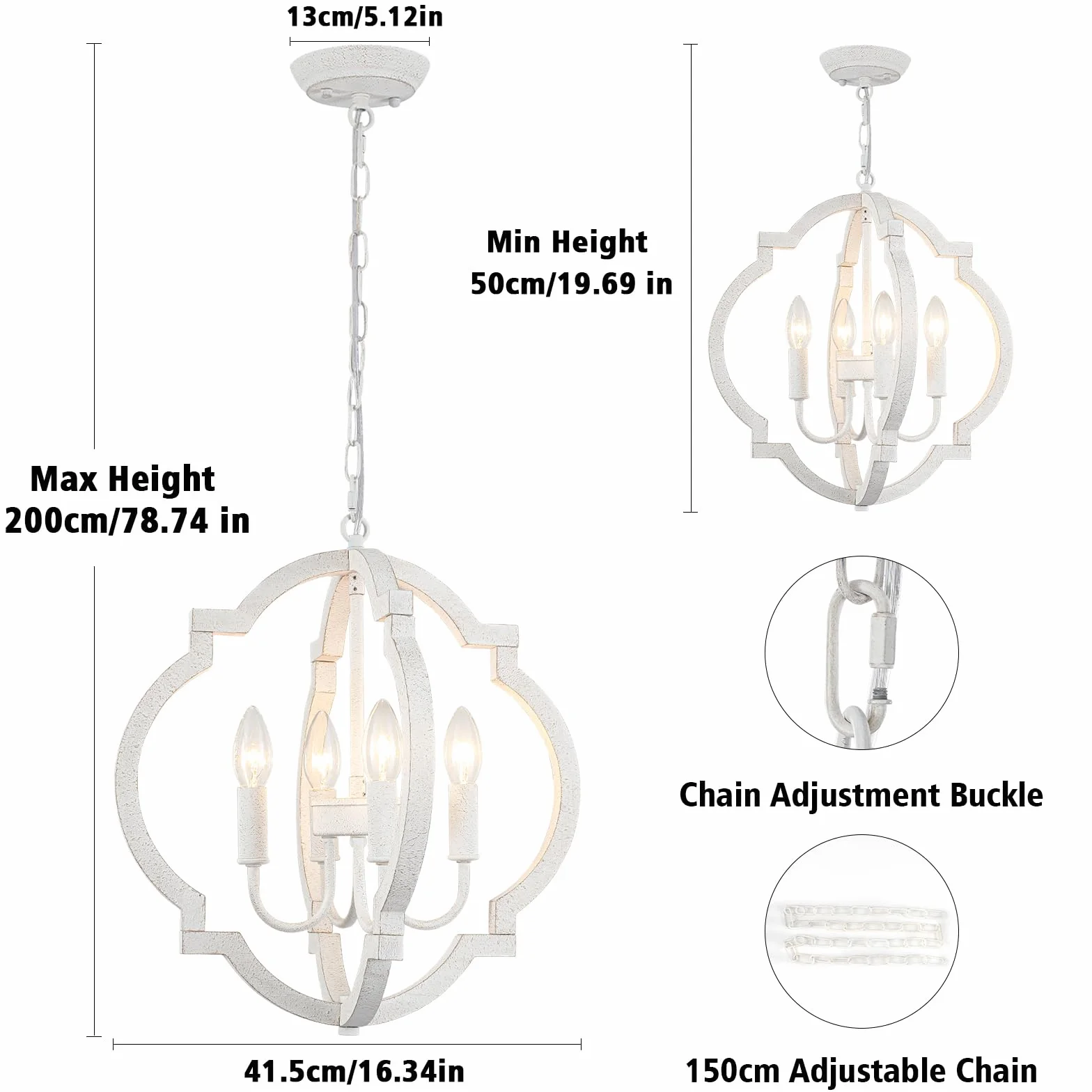 Lampara Araña 4-Luce Vintage Blanca Colgante Rustica Techo Salon Comedor Cocina