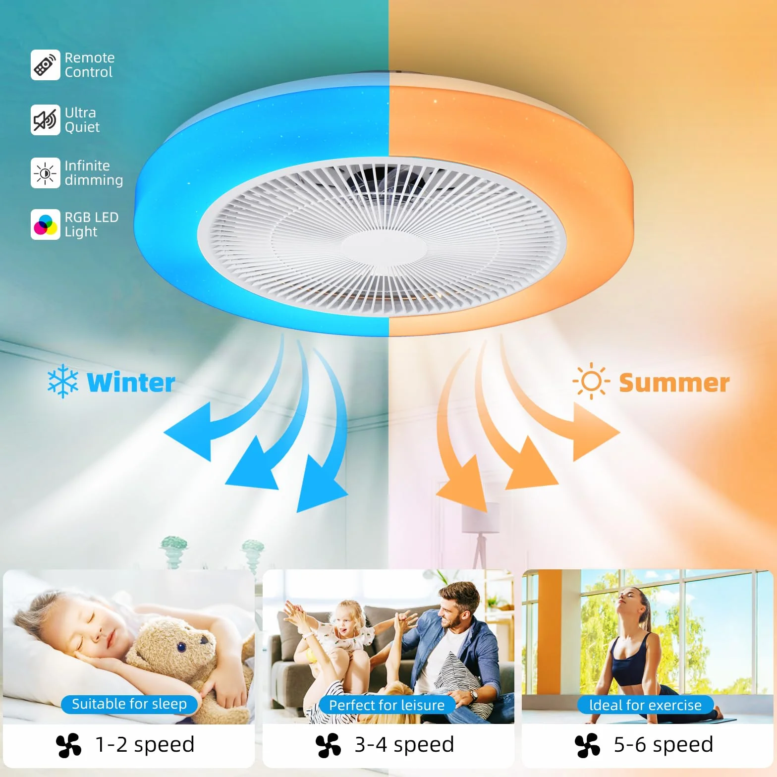 Ventilador de Techo Con Luz RGB,Moderno Regulable Ventiladores de Techo,50CM Reversible RGB Lampara Ventiladores de Techo,6 Velocidades LED Plafon Regulable con mando a distancia y APP (Blanco)