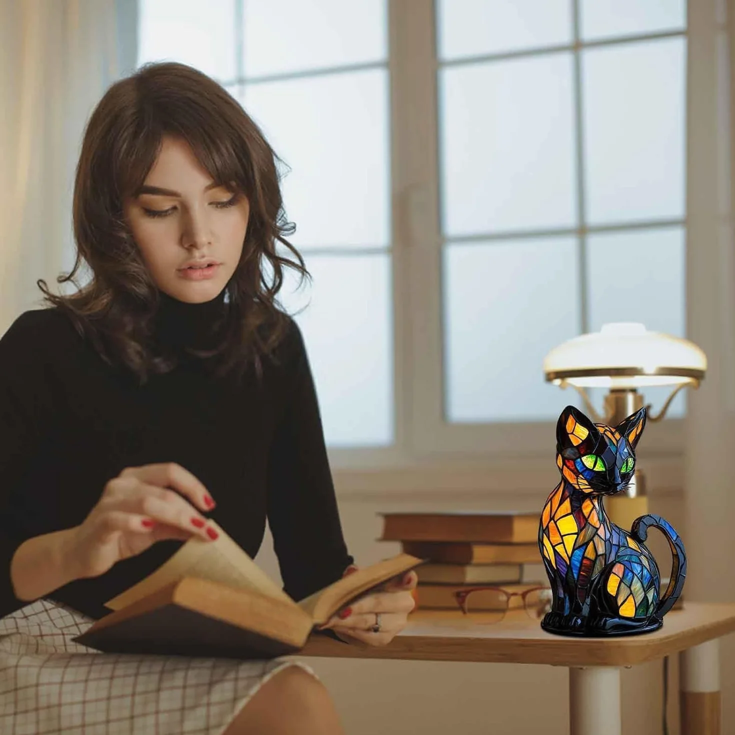 Solymall Glowkitty Cat Lamp Stained Glass Retro Resin Tabletop Night Light 3D Cute Pet LED Table Light