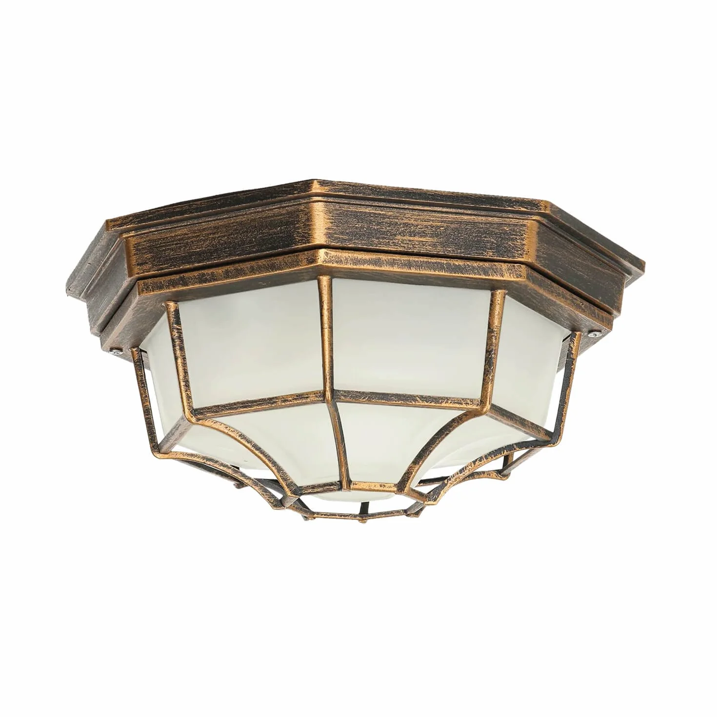Easylight Lámpara de techo estilo rústico MILANO de aluminio cristal cobre antiguo forma angular A:35,5 cm E27 IP44 Plafón de exterior para terraza jardín