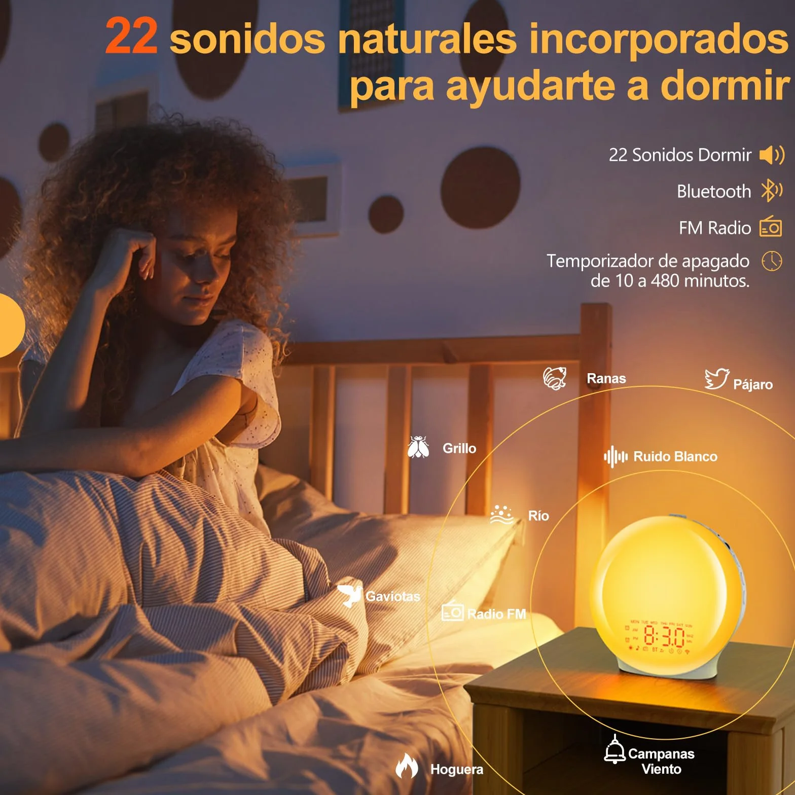 Despertador Luz Bluetooth Wake Up Light Simulación Amanecer Atardecer 17 Colores 2 Alarmas 20 Brillo 22 Sonidos Snooze Radio FM