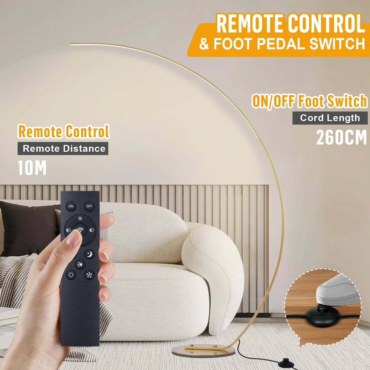 Lámpara de Pie LED 25W Regulable con Mando a Distancia Arco 165cm Dorado