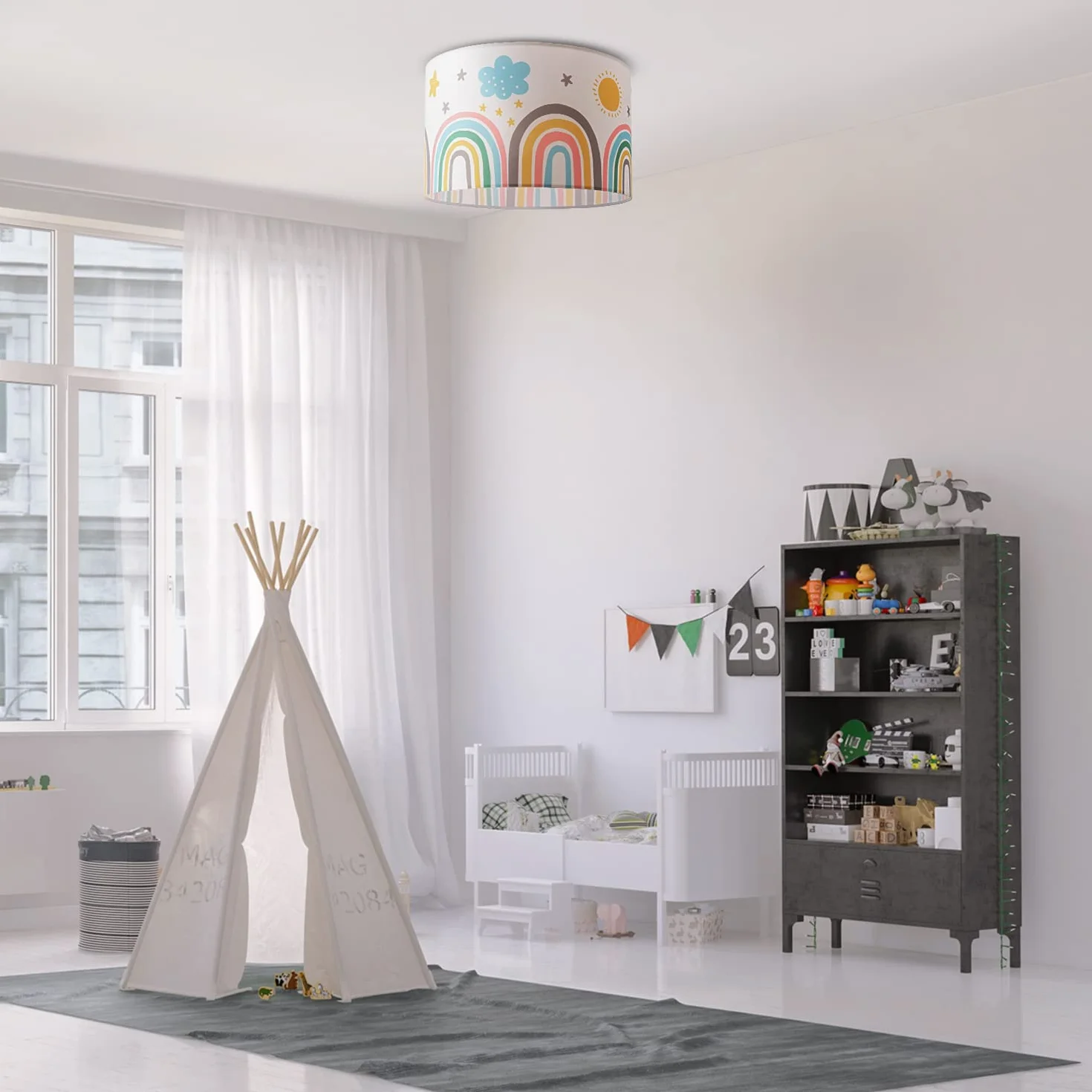 Paco Home Lámpara Techo Infantil Pantalla Tela Redonda E27 Arco Iris