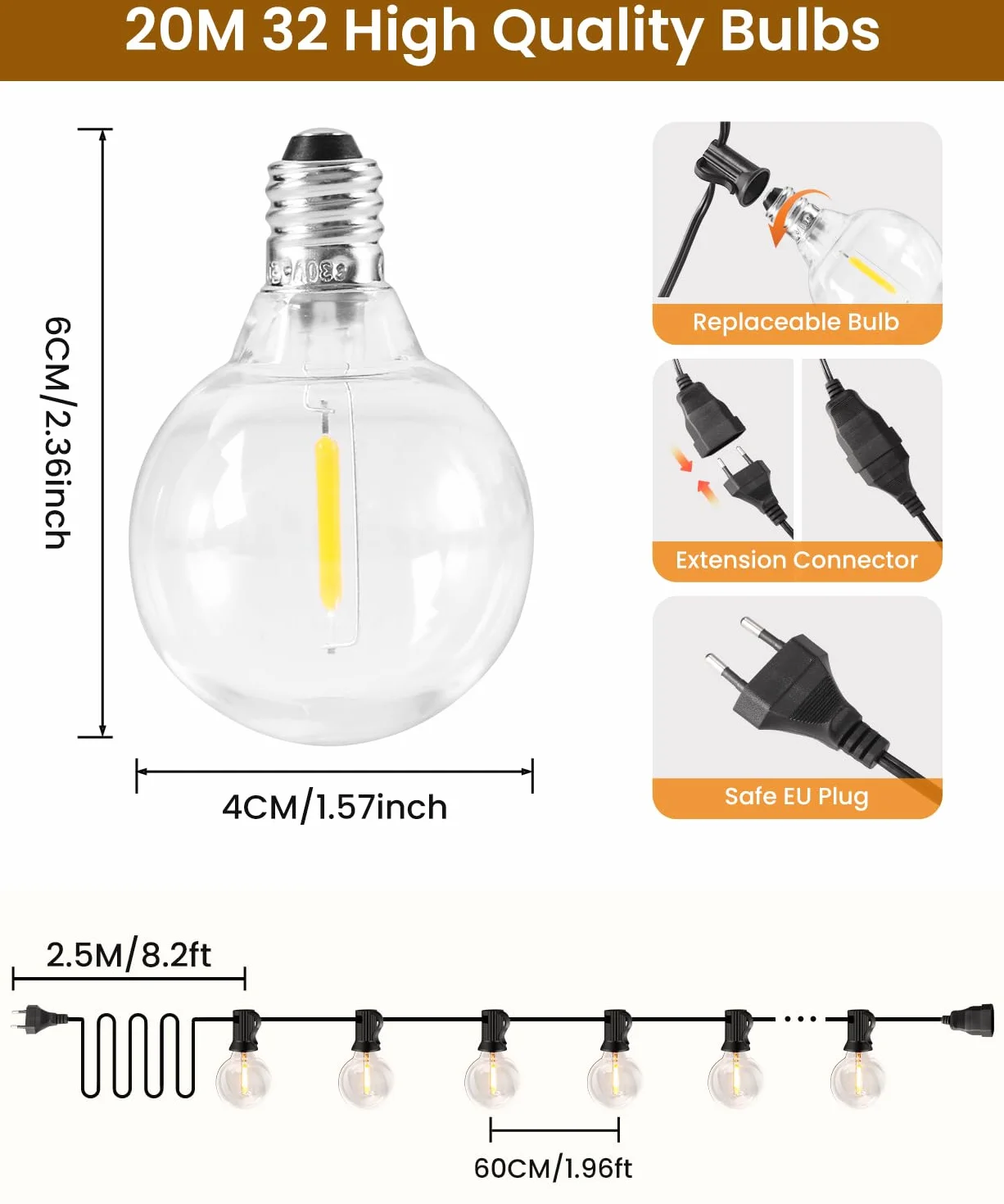 Rintea Guirnalda Luces Exterior 20M 66FT 30+2 Bombillas Blanco Cálido 2700K IP44 Impermeable LED Jardín