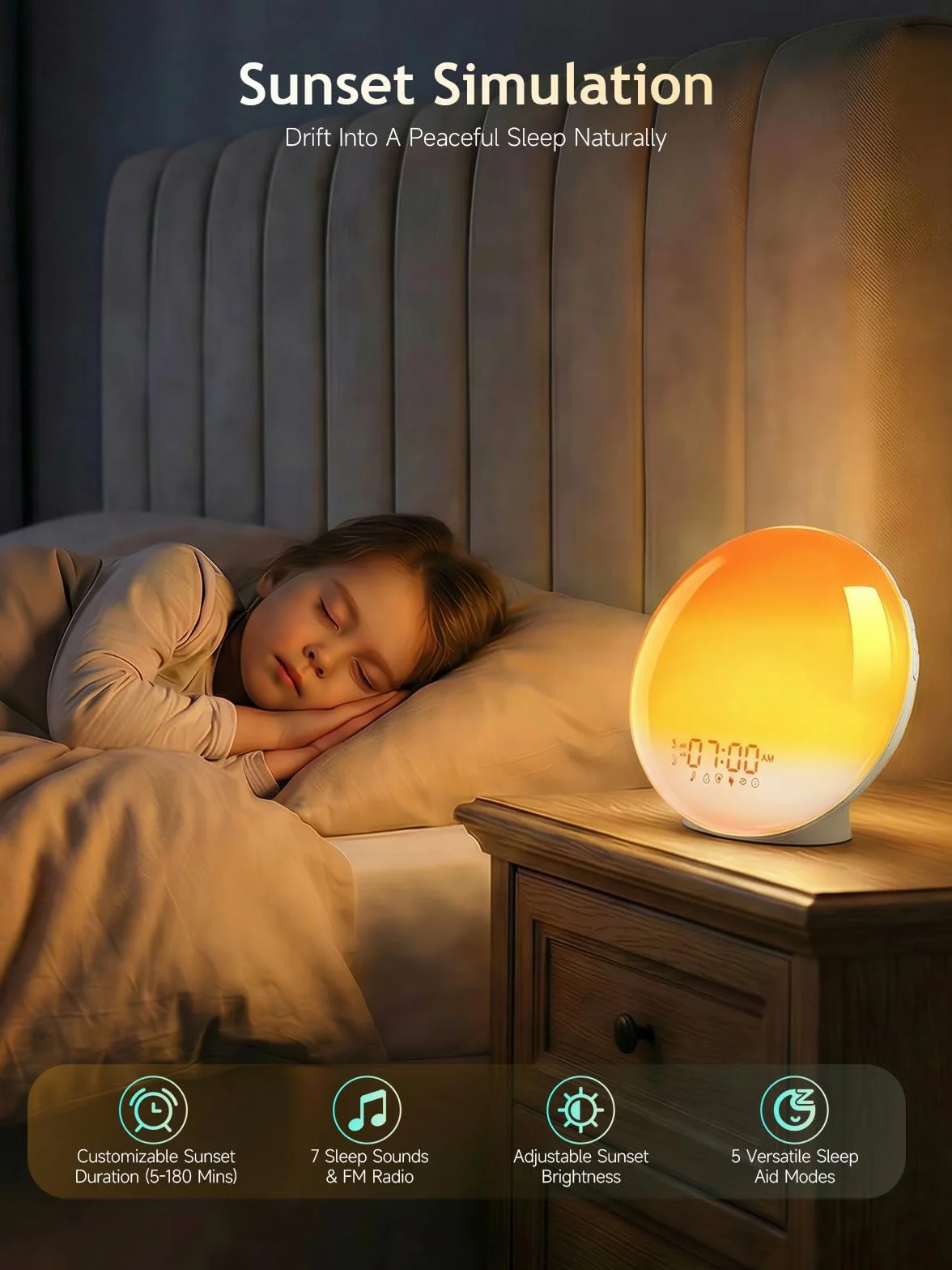 Despertador Luz Wake Up Light con Simulación de Amanecer y Atardecer, App Control, 4 Alarmas, Radio FM, 12 Colores