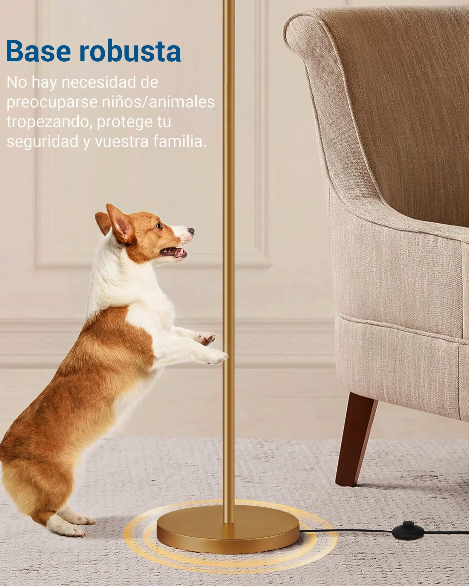 EDISHINE Lámpara de Pie Arco 161cm Pantalla de Lino Beige E27 con Bombilla LED Ajustable Dorado