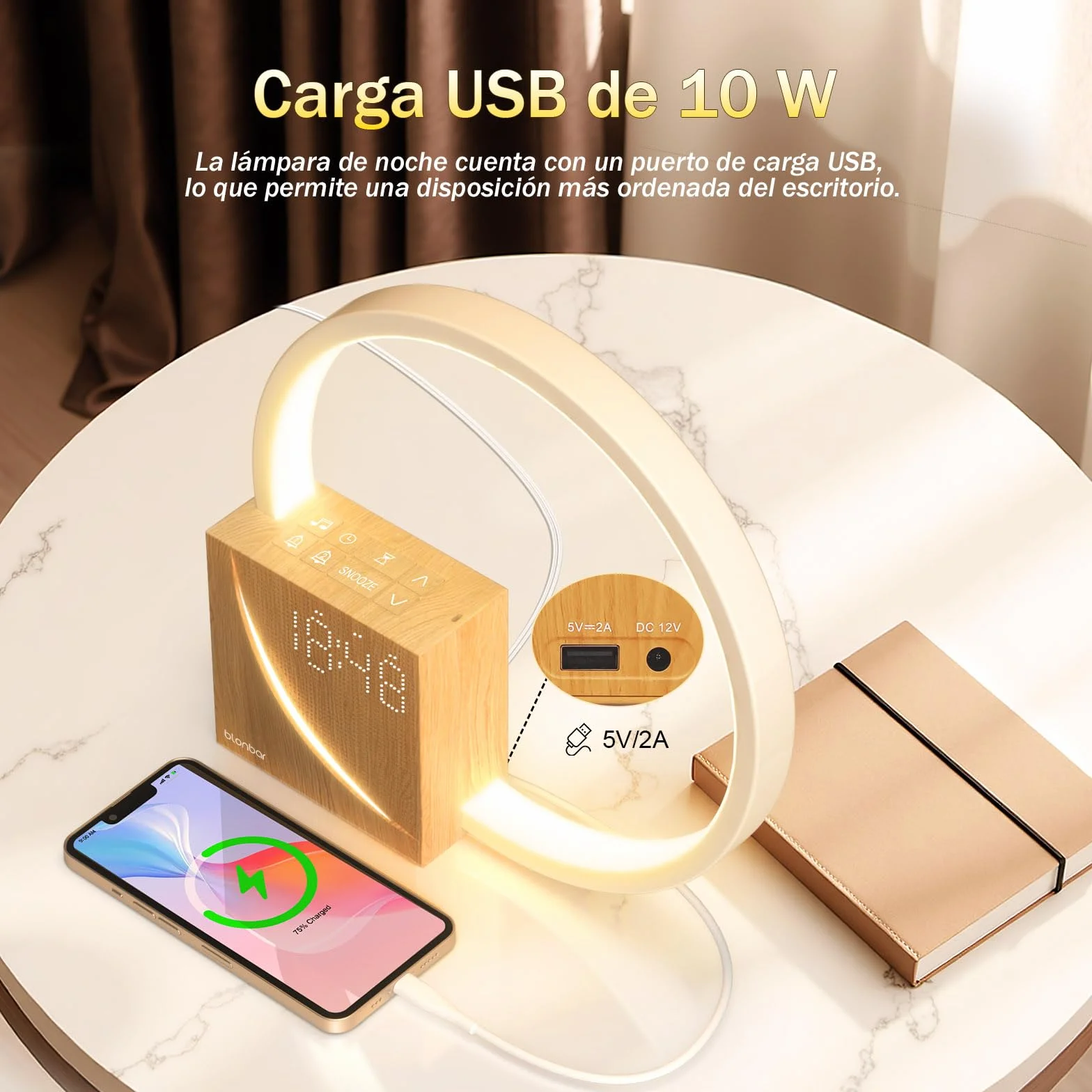 blonbar Despertador de Luz Natural de Cabecera 10W con Carga USB, Luz Nocturna Táctil de 3 Niveles de Brillo, Ayuda para el descanso de adultos y bebés
