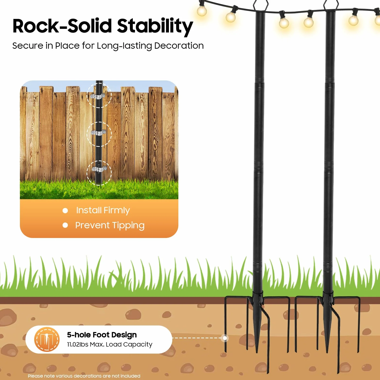 Gancho de Pastor, 4Pzs Postes de Luces de Cadena, Colgador de Pie con Base de 5 Puntas, Ajustable Estaca Jardín Resistente para Exteriores Patios Jardines Camping Iluminación Decoración
