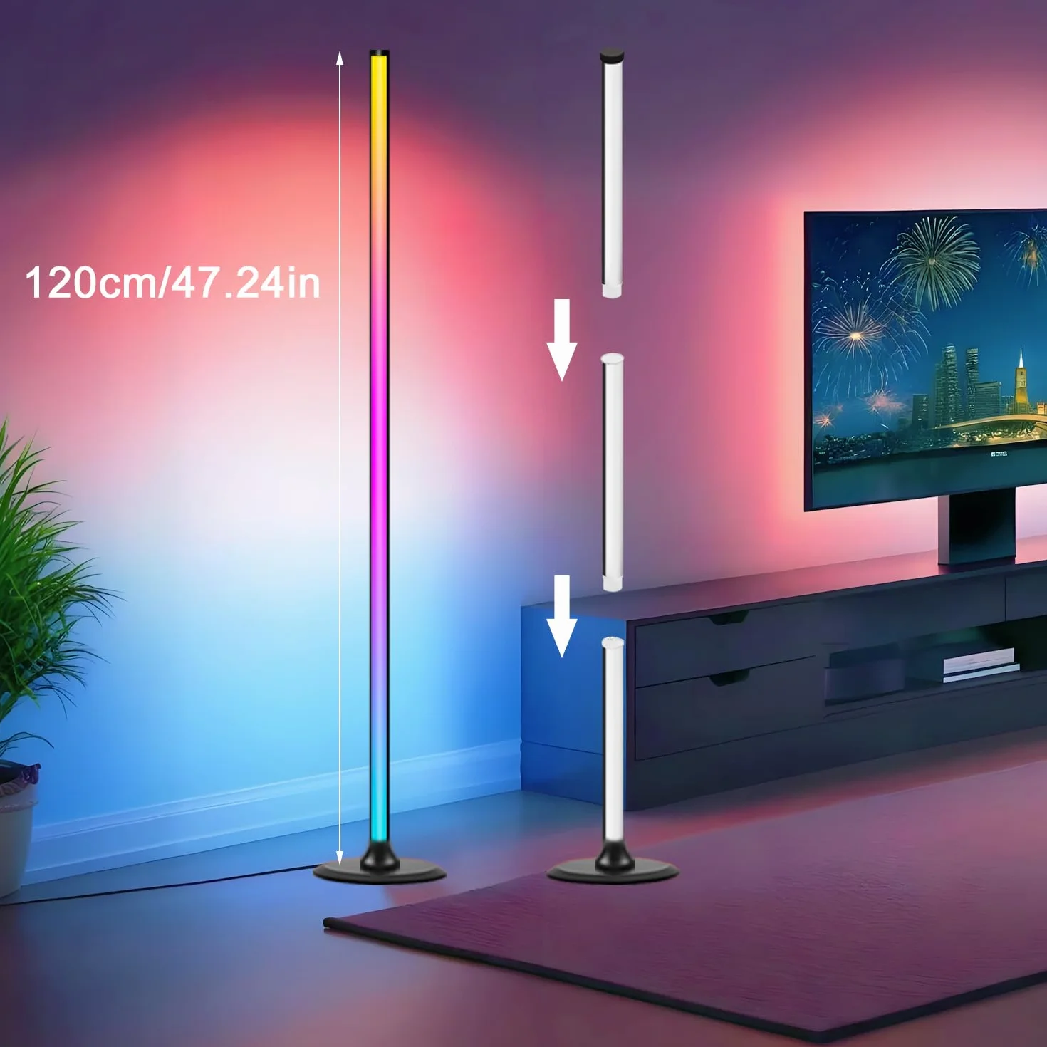 Lámpara de Pie LED Regulable RGB 1.2 m con Control Remoto y APP, 16 Millones de Colores, 234 Modos, Negro