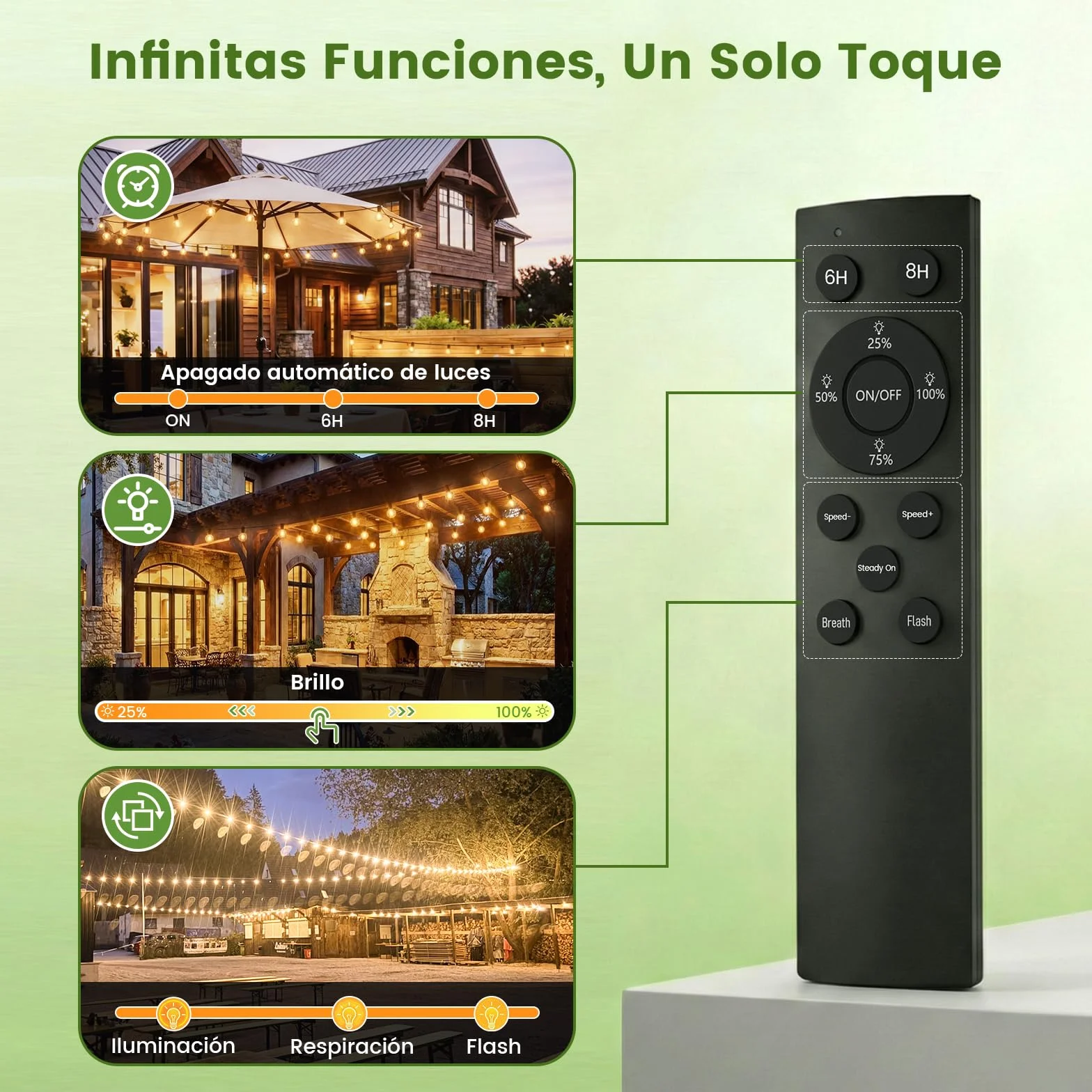 Yuusei Guirnalda LED Exterior 30M, 52 Bombillas Plástico Inastillable, Impermeable 4 Modos Control Remoto