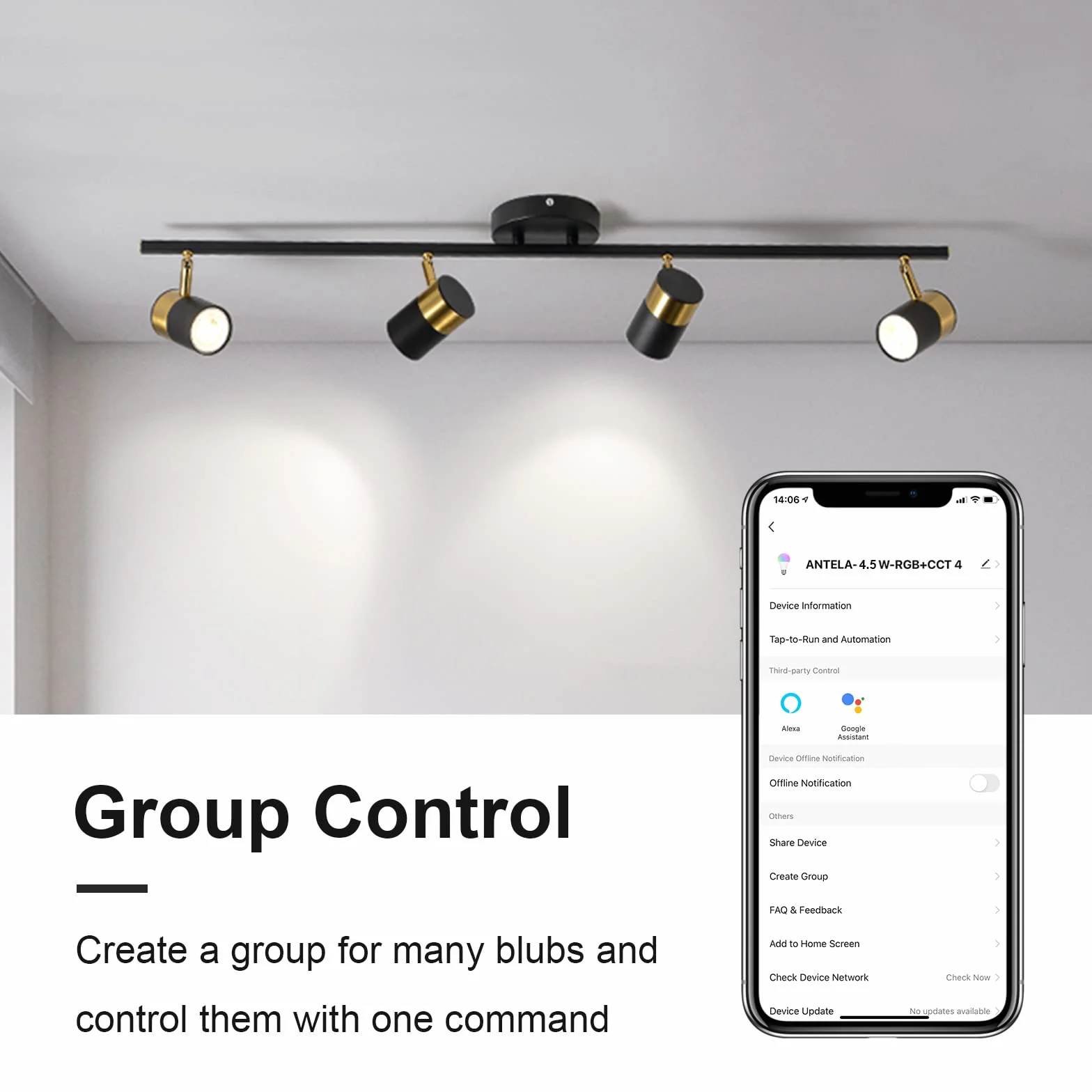 ANTELA Bombilla GU10 Inteligente Wifi Compatible con Alexa y Google Home, Luz Fría/Cálida 2700K-6500K, Bombilla RGB 16 Millones de Colores, 4,5W, 326LM, CRI 80, 15000hrs,4 PCS