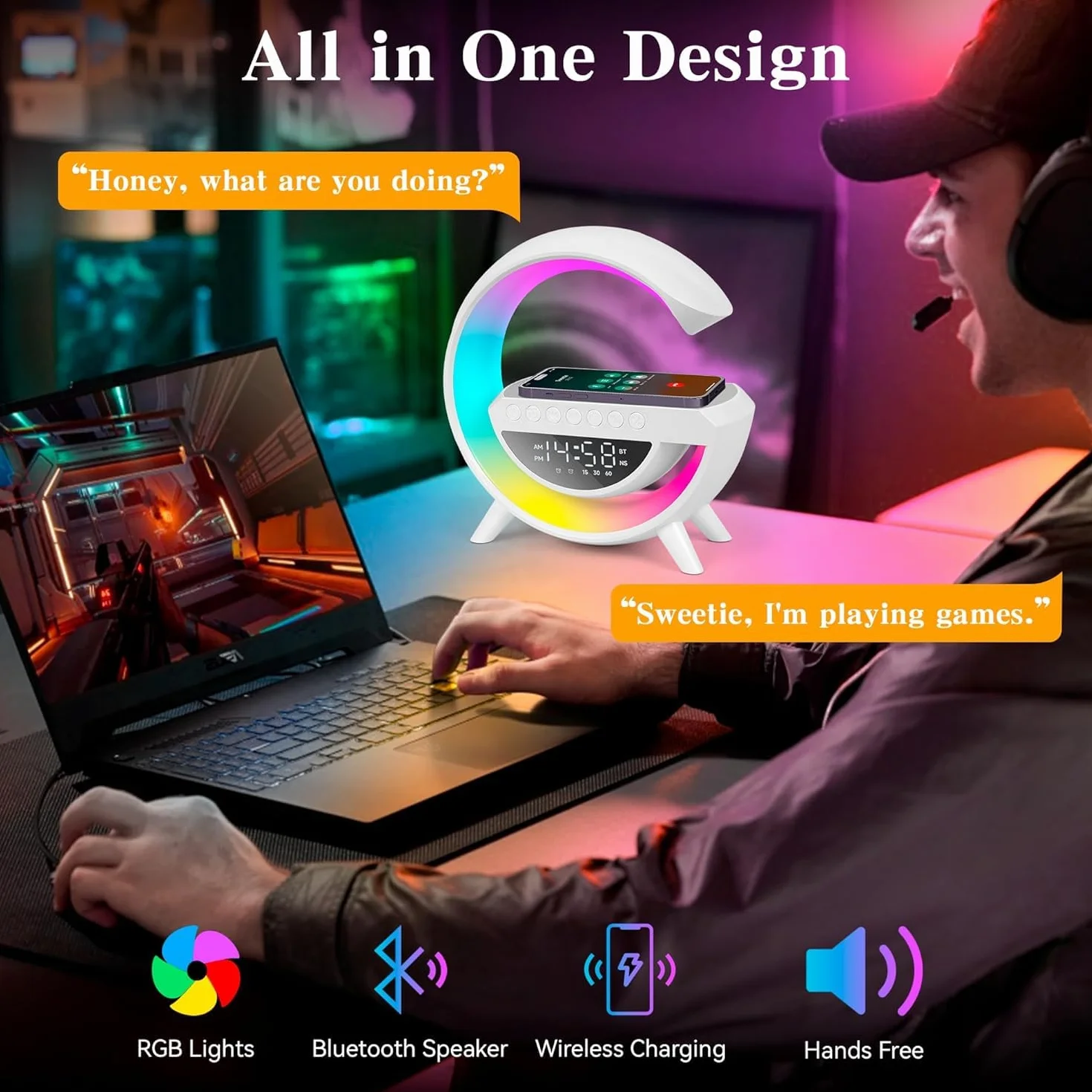 Lámpara con Cargador Inalámbrico 15W, Estación de Carga con Altavoz Bluetooth, Despertador Digital con Luz RGB y Luz Nocturna, Multifuncional para Dormitorio, Camping y Viajes