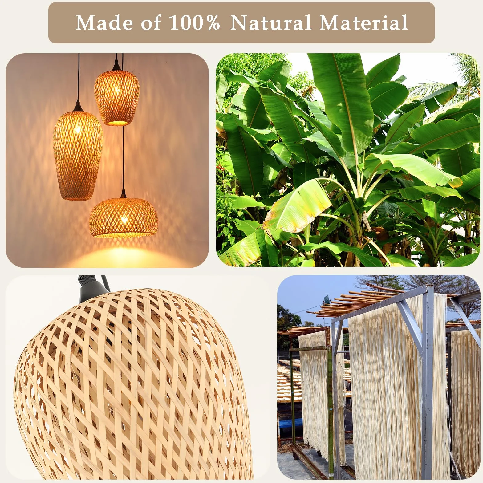 Lampara De Techo Bambu 3-Luz E27 Tejido A Mano Boho Vintage Para Salon Cocina Dormitorio