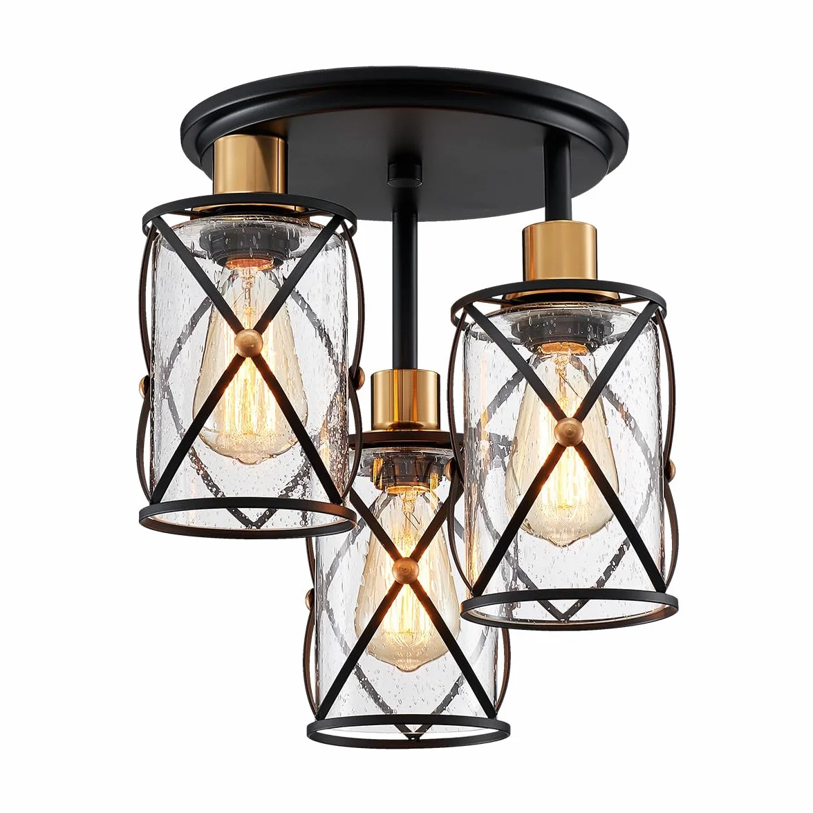 WUZUPS araña semi flushmount industrial 3-light plafon lámpara de techo transparente pantalla de cristal semillero para entrada porche vestíbulo cocina comedor baño, w29 h34, e27 base negra con latón