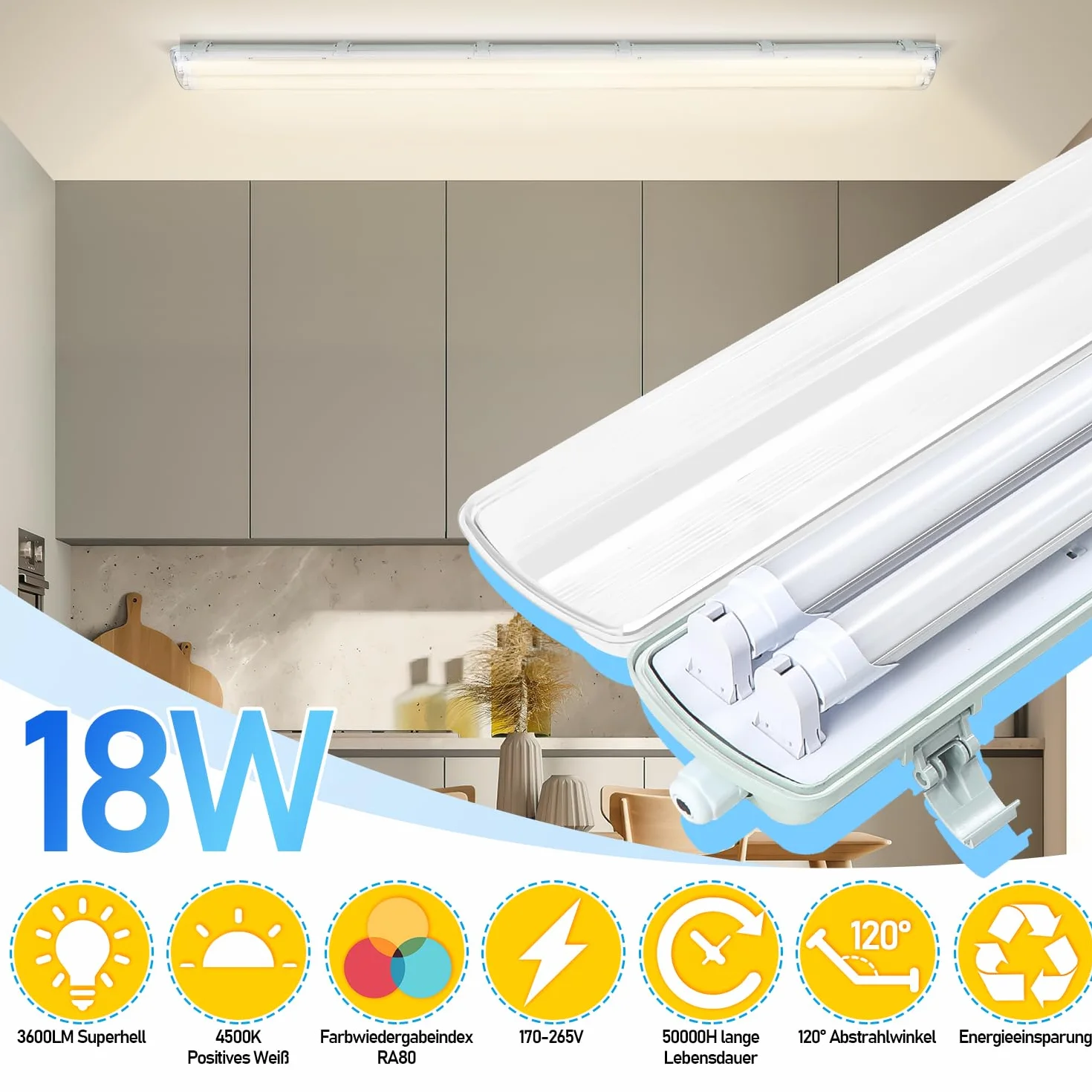 Reglette LED 120CM 18W antihumedad IP65 4500K 1800lm lámpara fluorescente impermeable para taller (4 piezas)