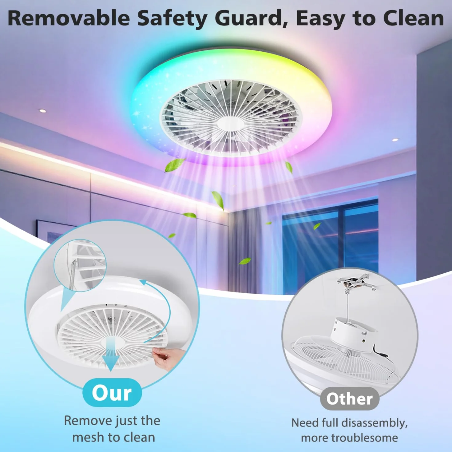 Aigostar Ventilador de Techo con Luz y Mando, Plafón LED 40W RGB+CCT Regulable, Motor Silencioso, 7 Aspas, Temporizador, 19.5" Blanco