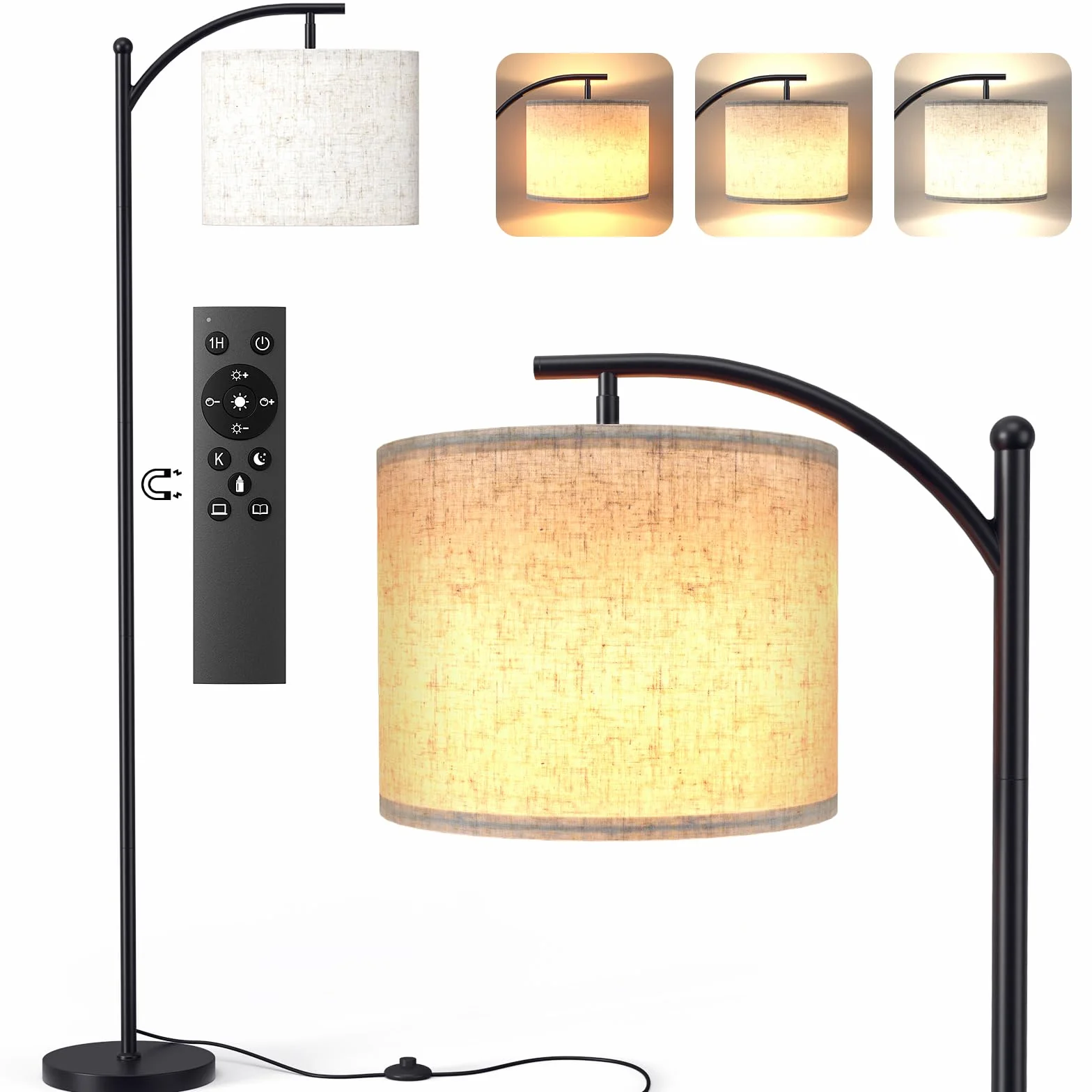 Lámpara de Pie LED Regulable 160cm con Pantalla de Lino, 3 Temperaturas de Color y Control Remoto