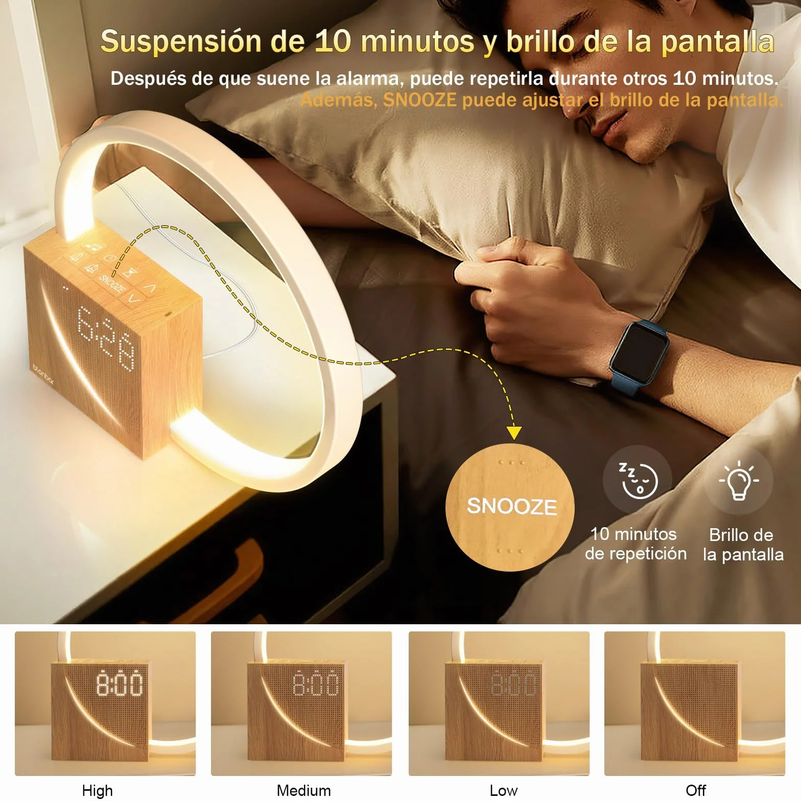 blonbar Despertador de Luz Natural de Cabecera 10W con Carga USB, Luz Nocturna Táctil de 3 Niveles de Brillo, Ayuda para el descanso de adultos y bebés