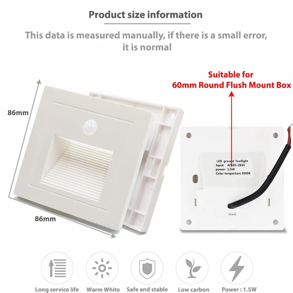 Lámparas LED empotrables de pared blanco cálido 3000K 230V 1.5W detector de movimiento para escaleras