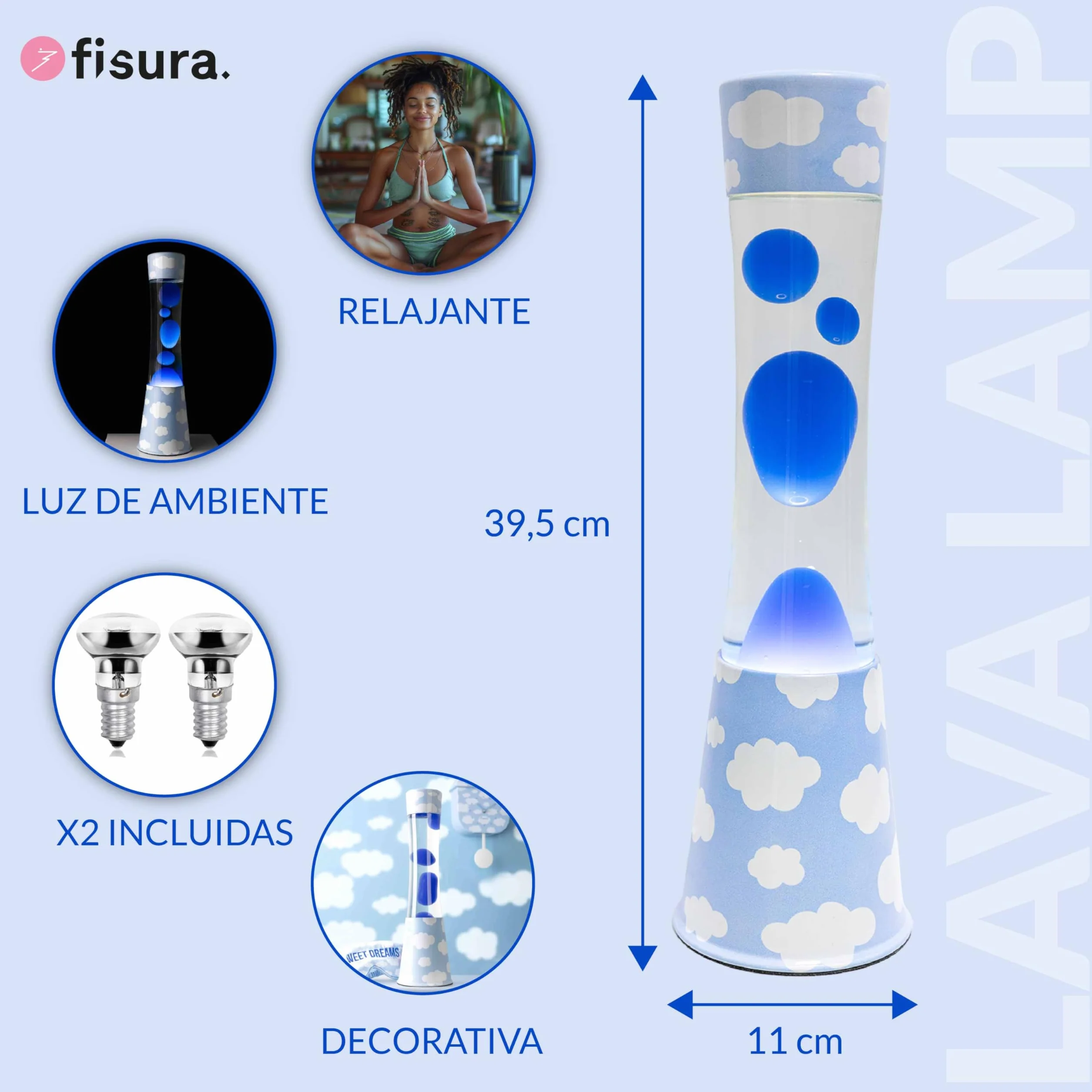 Fisura - Lámpara de lava "nubes". Base con estampado de nubes, líquido transparente y lava azul. Lámpara efecto relajante. Con bombilla de repuesto. 11 cm x 11cm x 39,5 cm.
