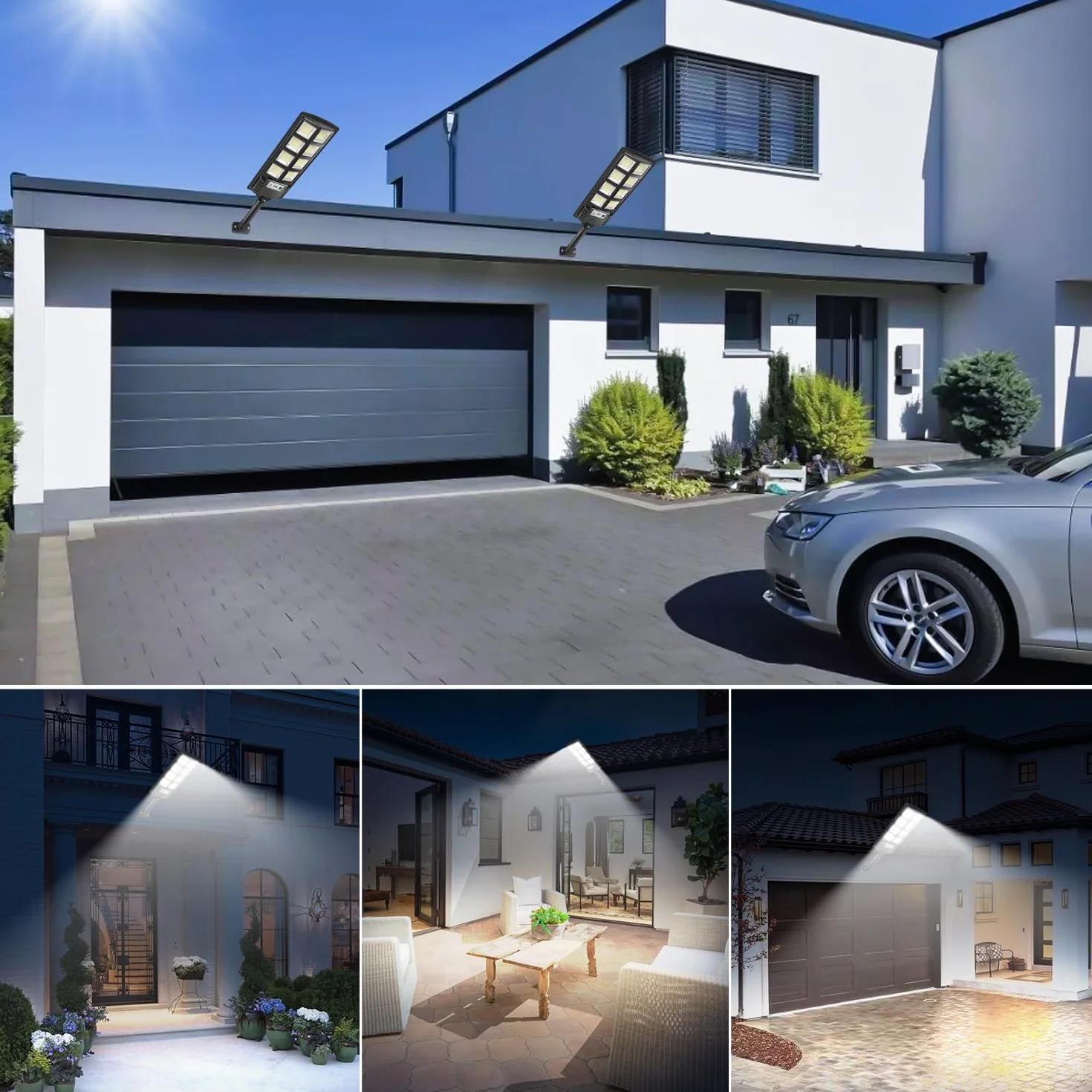 Farolas Solares Exterior, 6000K Focos Solar LED Jardín con Sensor de Movimiento y Control Remoto, IP66 Impermeable Lampara Solar Luz de Seguridad Exterior para Garage Patio Calle, 2 Pack