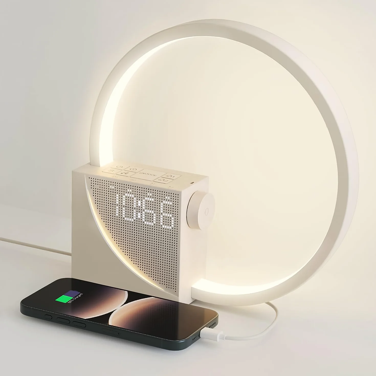 Lámpara De Cabecera De 10w, 2 Despertador, 10W Puertos de Carga USB, Luz Nocturna de 3 Niveles de Brillo,10 Sonidos Naturales,Ayudar a Dormir a Bebés Y Adultos (Beige)
