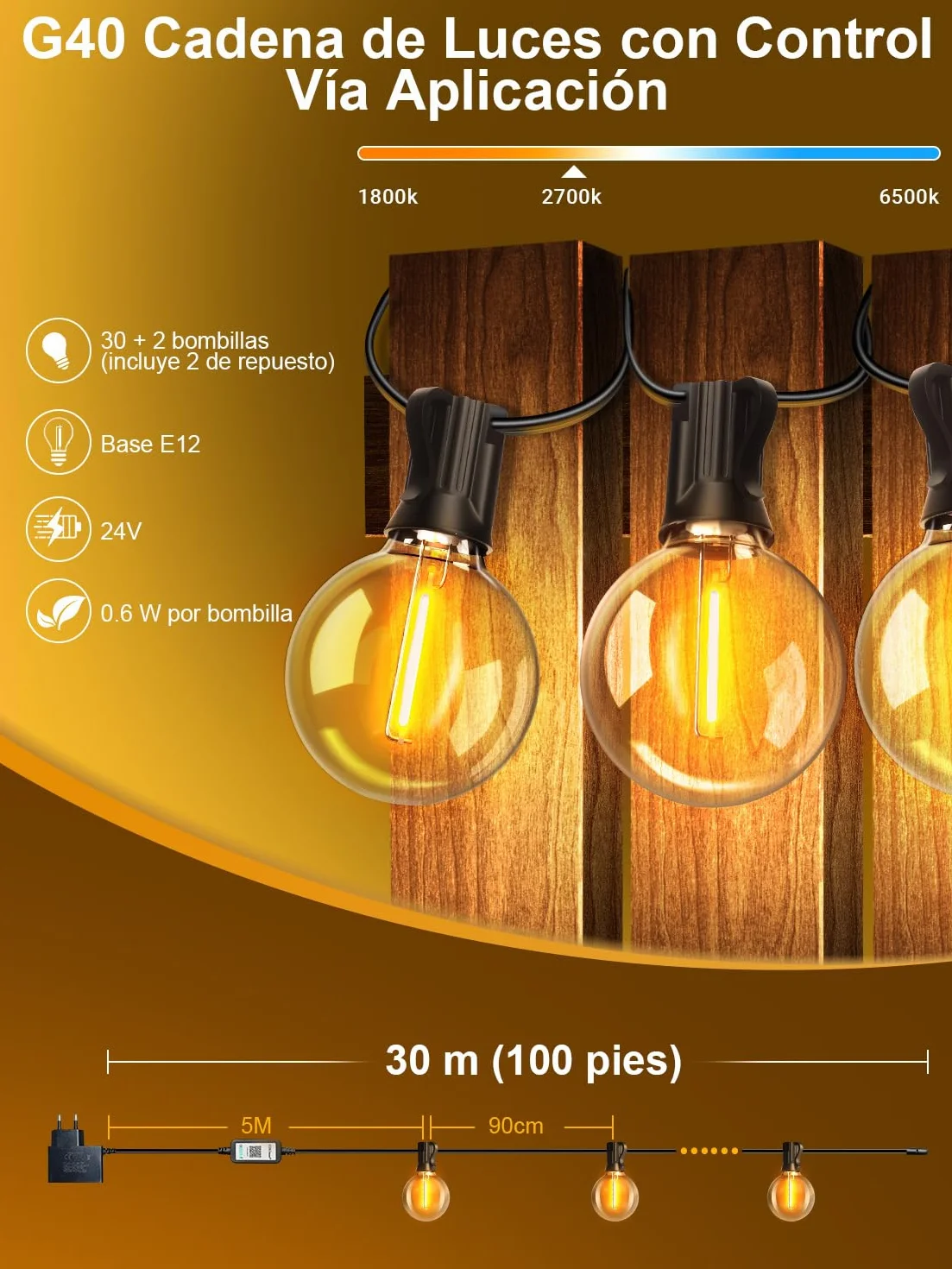 Guirnalda Luces Exterior 30M IP44 Led con Control App y Música Sync G40