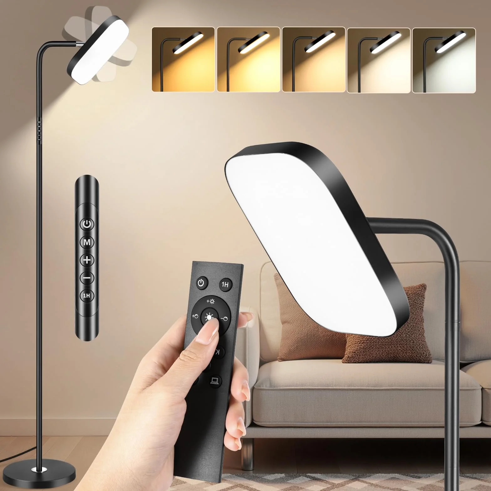 Lámpara de Pie LED Regulable 36W 3200LM 5 Temperaturas Color Control Táctil Mando Negro