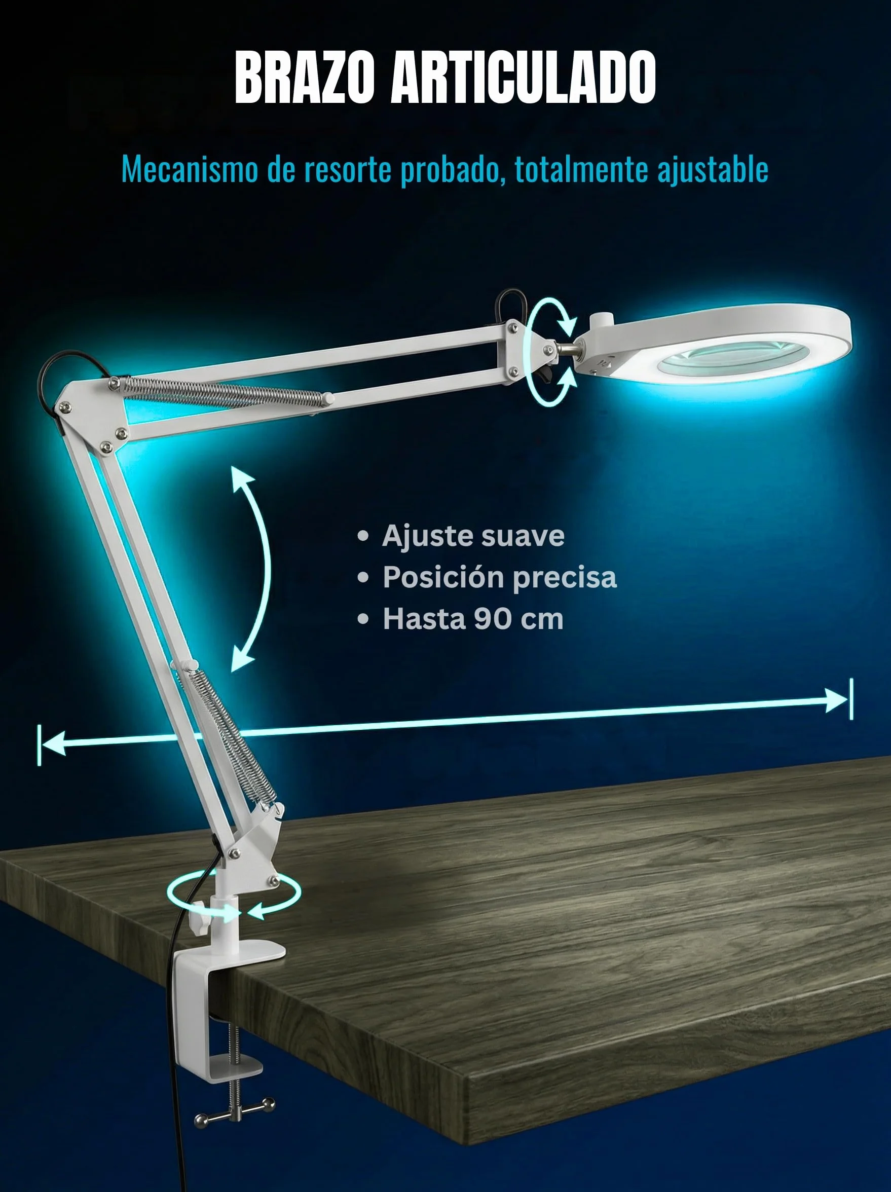 Lámpara de Aumento con Cristal de 5 dioptrías, Abrazadera de Acero de 6,4 cm, LED Regulables, Brazo Giratorio de 90 cm, diseño de Confort óptimo para esteticistas, Aficionados y Artesanos