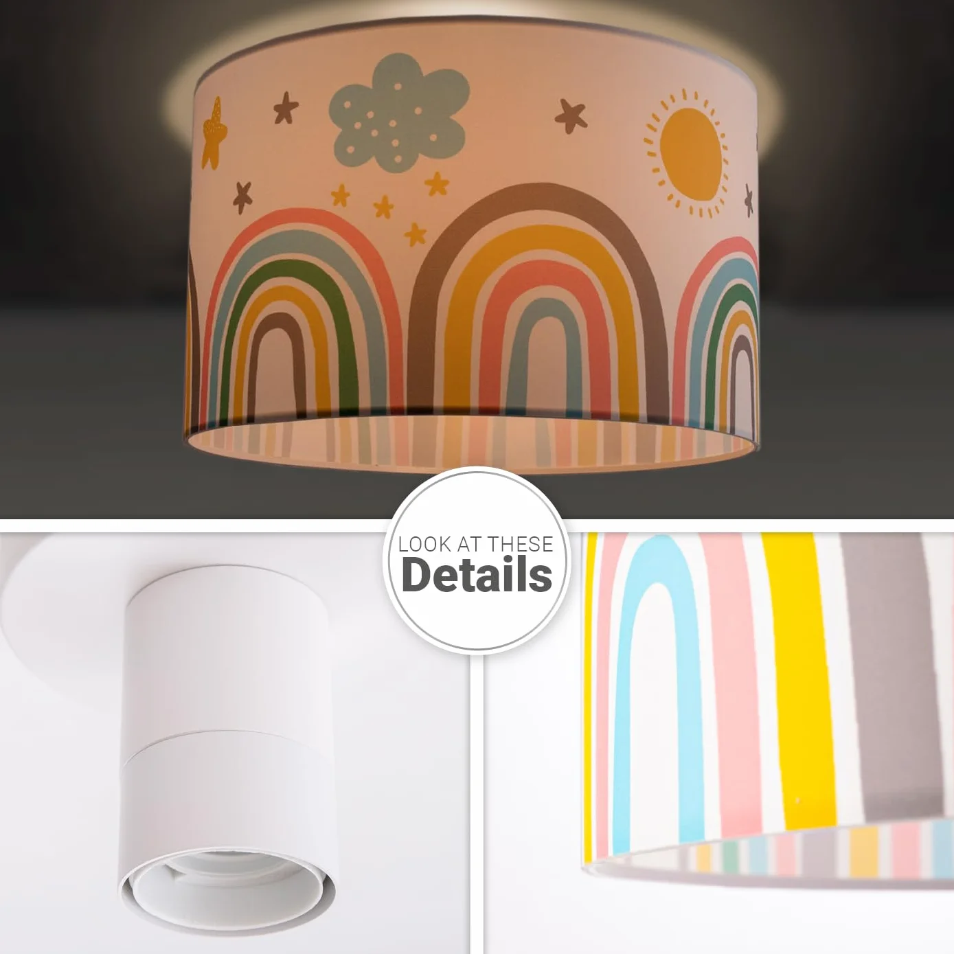 Paco Home Lámpara Techo Infantil Pantalla Tela Redonda E27 Arco Iris