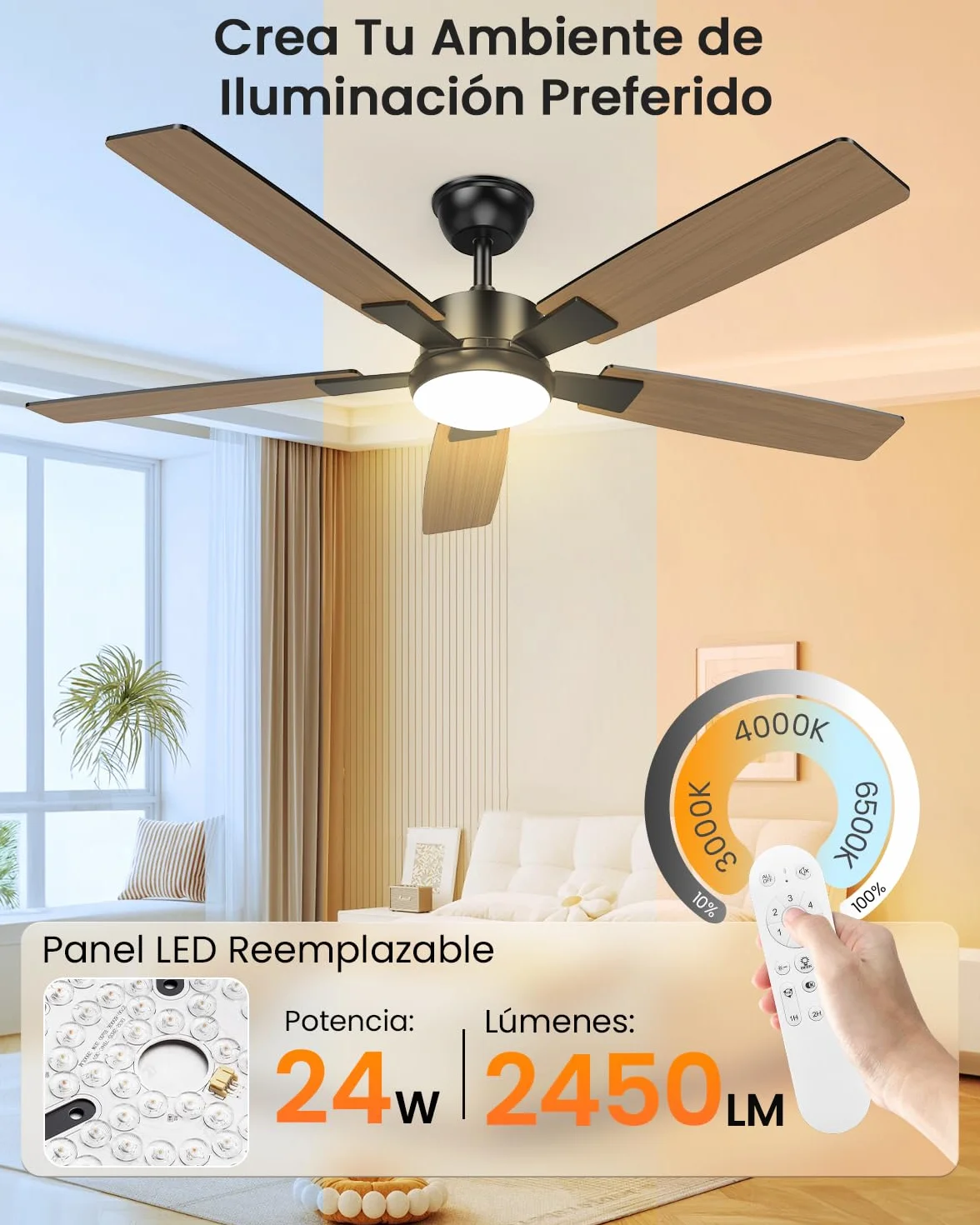 Ventilador de Techo con Luz Silencioso 132cm Aspas Reversibles Motor DC Regulable con Mando