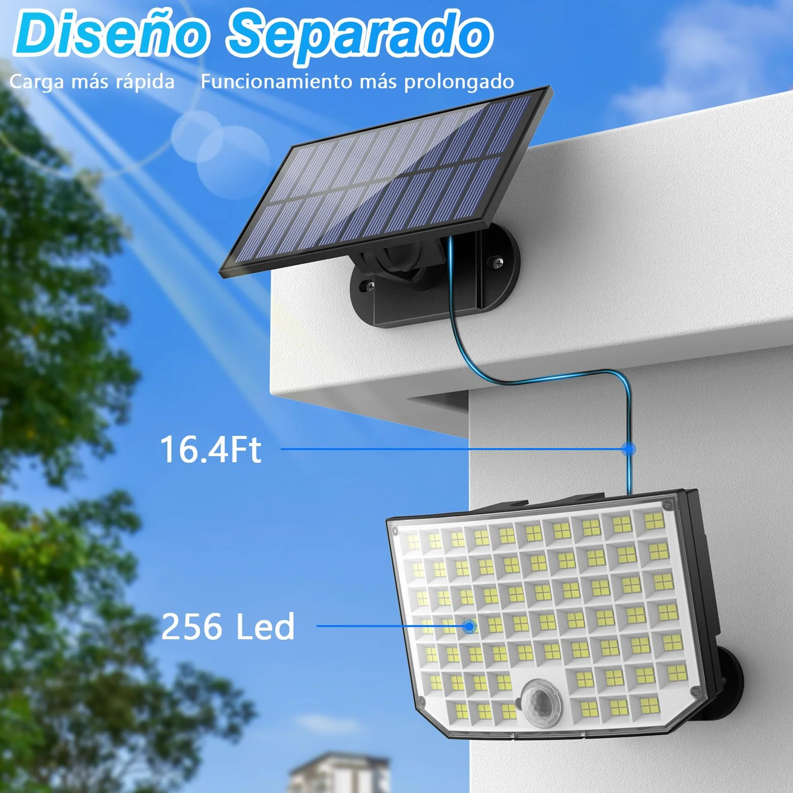 Luces Solares Exterior Jardin, Foco Solar 256 LED 2 Paquete Separar Lampara Solar con Mando a Distancia 3 Modes IP65 con Sensor de Movimiento para Garajes Caminos