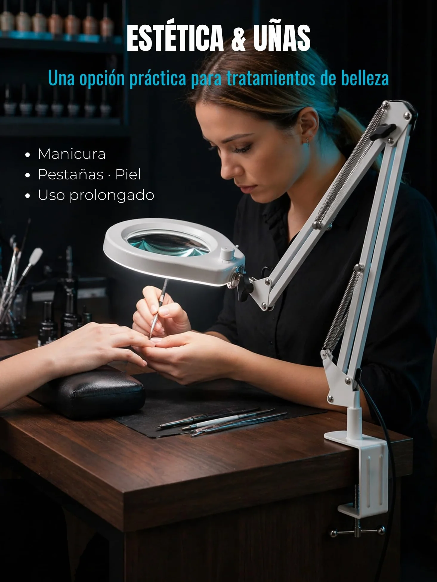 Lámpara de Aumento con Cristal de 5 dioptrías, Abrazadera de Acero de 6,4 cm, LED Regulables, Brazo Giratorio de 90 cm, diseño de Confort óptimo para esteticistas, Aficionados y Artesanos