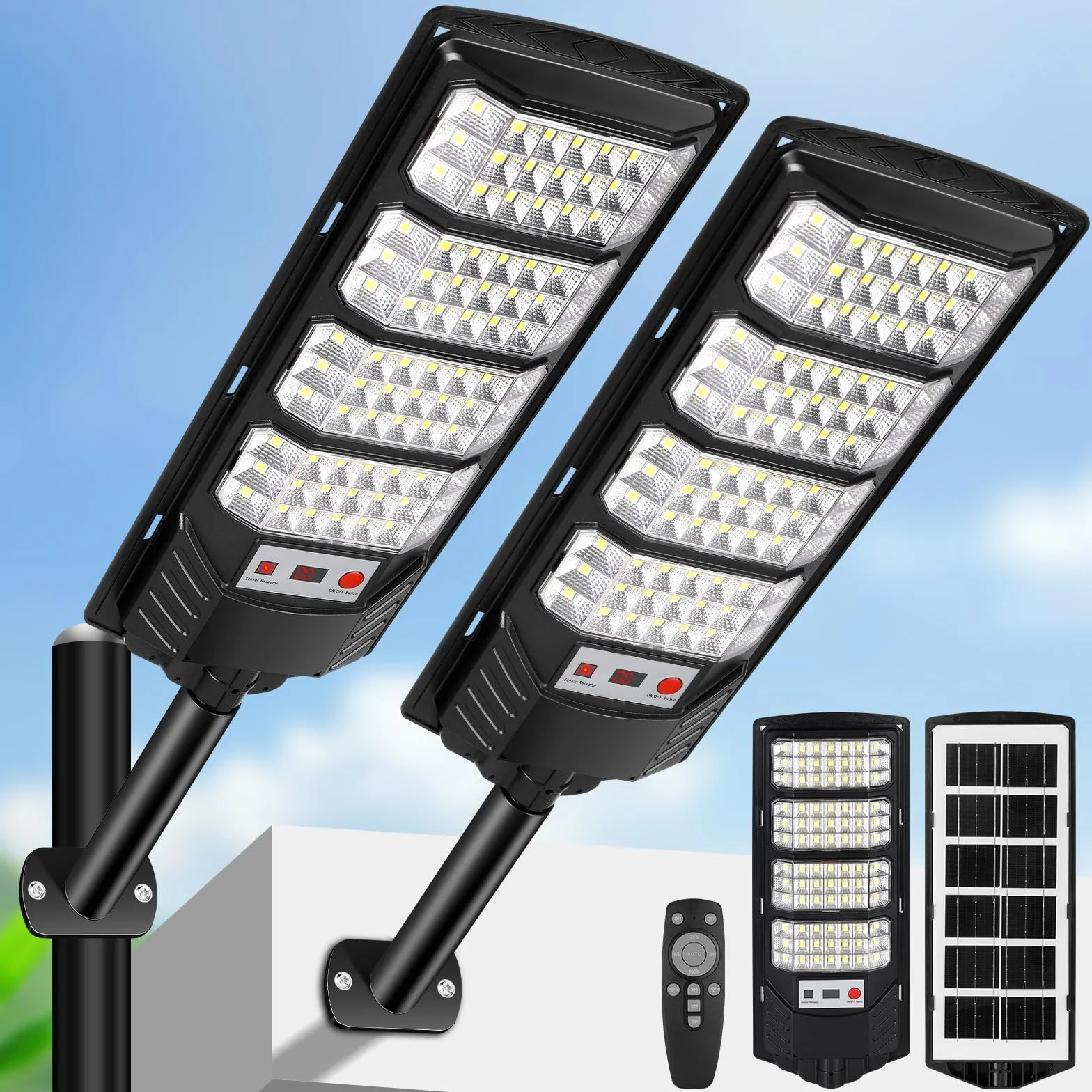Farolas Solares Exterior 600W, 84 LED Farola Potente con Control Remoto,IP66 Impermeable Luz Solar Exterior Sensor de Movimiento,Foco Solar Luz de Seguridad para Jardín, Patio,2 Paquetes
