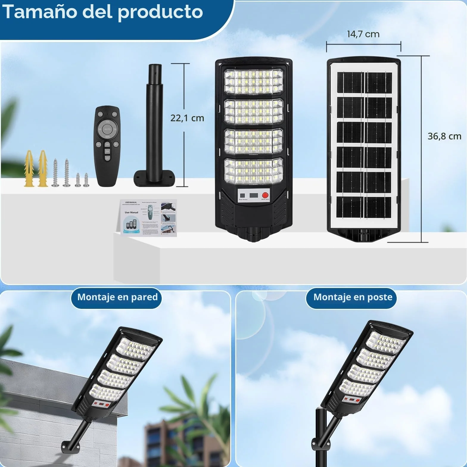 Farolas Solares Exterior 600W, 84 LED Farola Potente con Control Remoto,IP66 Impermeable Luz Solar Exterior Sensor de Movimiento,Foco Solar Luz de Seguridad para Jardín, Patio,2 Paquetes
