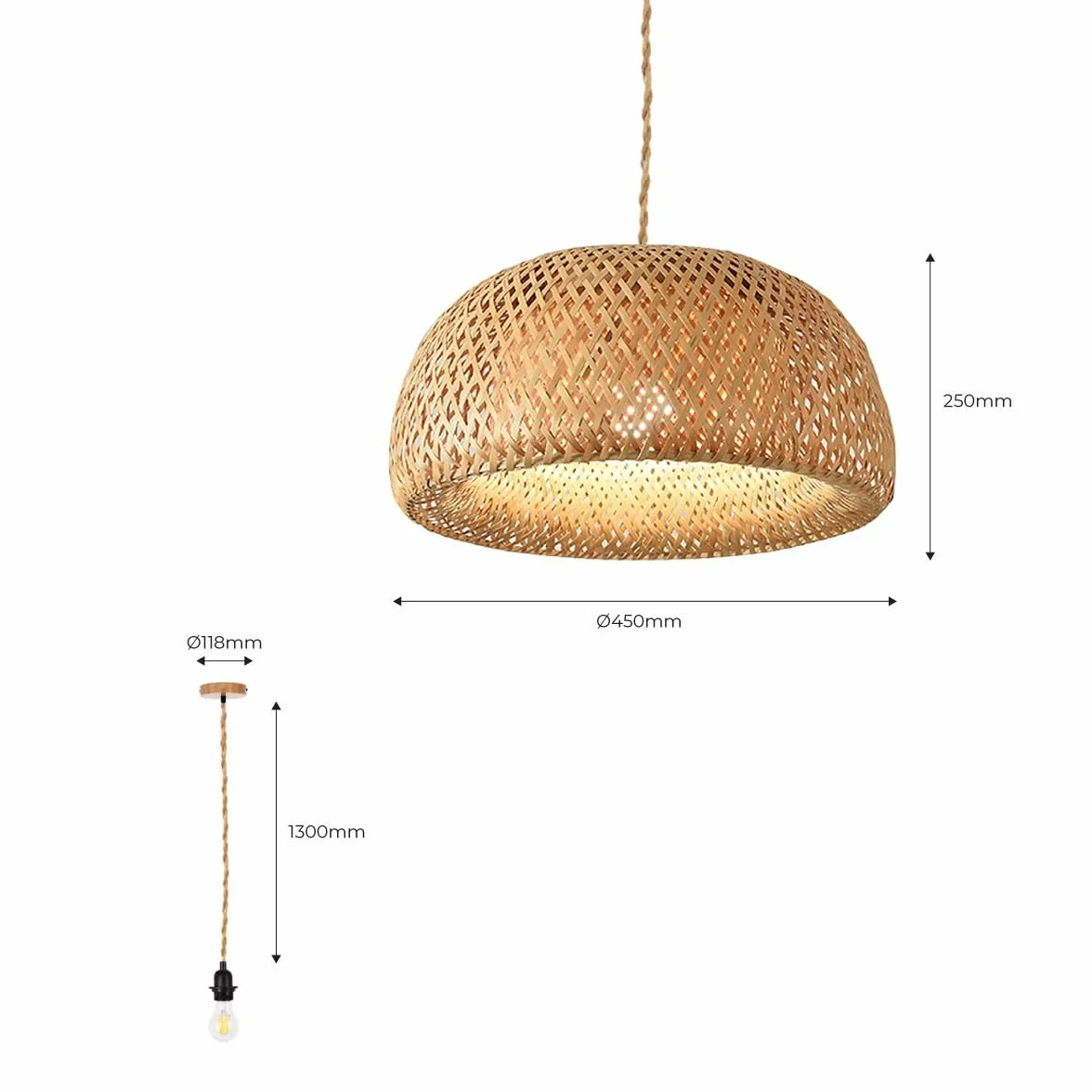 Lámpara colgante de mimbre Hanna LED Boho Rústica - Pantalla artesanal natural con cable ajustable para cocina, comedor